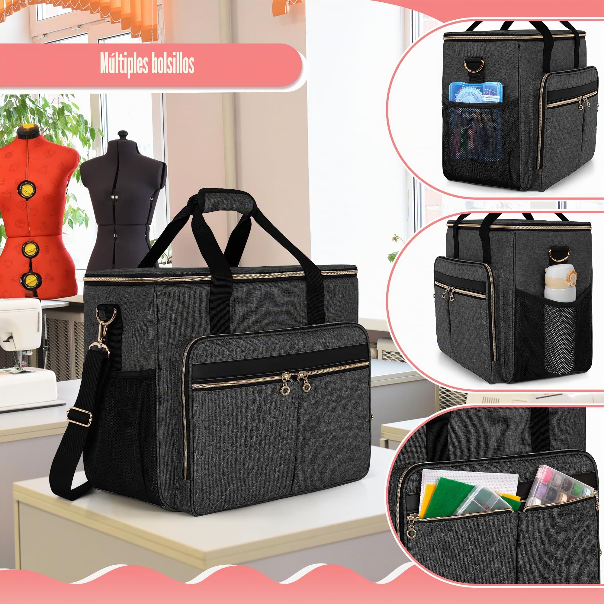 Luxja Bolsa para Máquinas de Coser con Múltiples Bolsillos, Estuche de Máquina de Coser Compatible con Mayoría de Máquinas de Coser Estándar Brother, Singer y Janome, Negro