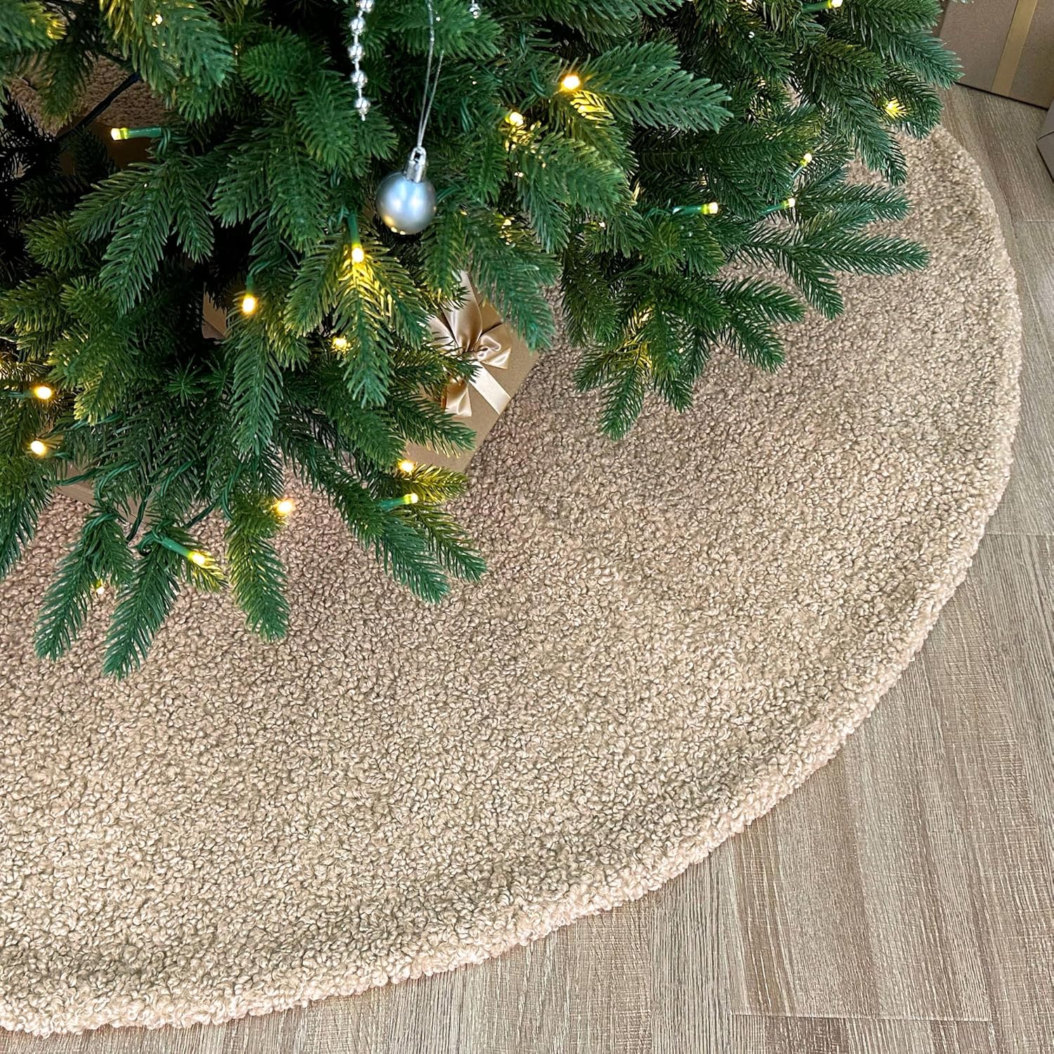 60-Inch Bouclé Faux Fur Christmas Tree Skirt with Foam Lining and Concealed Slide Clasp Closures, Beige
