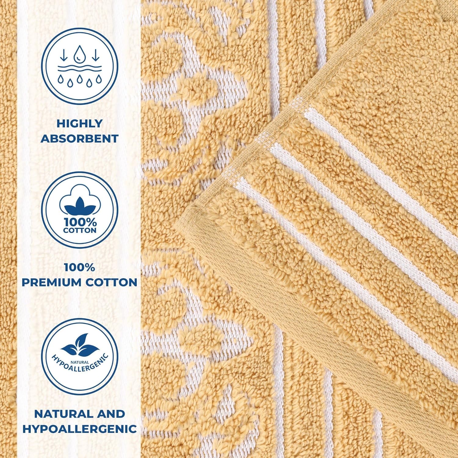 Superior Cotton Hand Towel Set, Small Towels, Plush Soft Absorbent Bathroom Basics, Home Essentials, Spa, Salon, Hotel, Kitchen, Luxury Quick Drying, Zero Twist, Assorted Design, Set of 6, Gold
