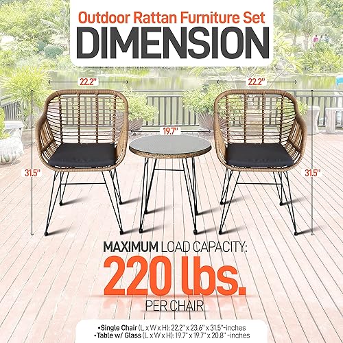 Miniatura 3 de SereneLife 3 piezas Chat 2 sillas individuales con cojines y 1 mesa de centro con parte superior de cristal, juego de muebles de ratán para