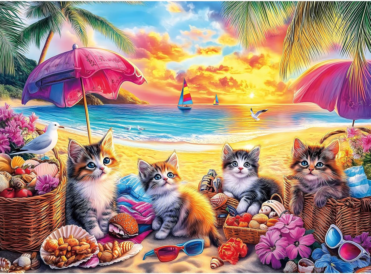 500 Piece Jigsaw Puzzle for Adults –Summer Beach Cats Jigsaw Puzzles 500 Pieces, Cat Lovers Puzzles for Adults 500 Pieces, Challenging Perfect for Game Nights, 20.5 X 15 in