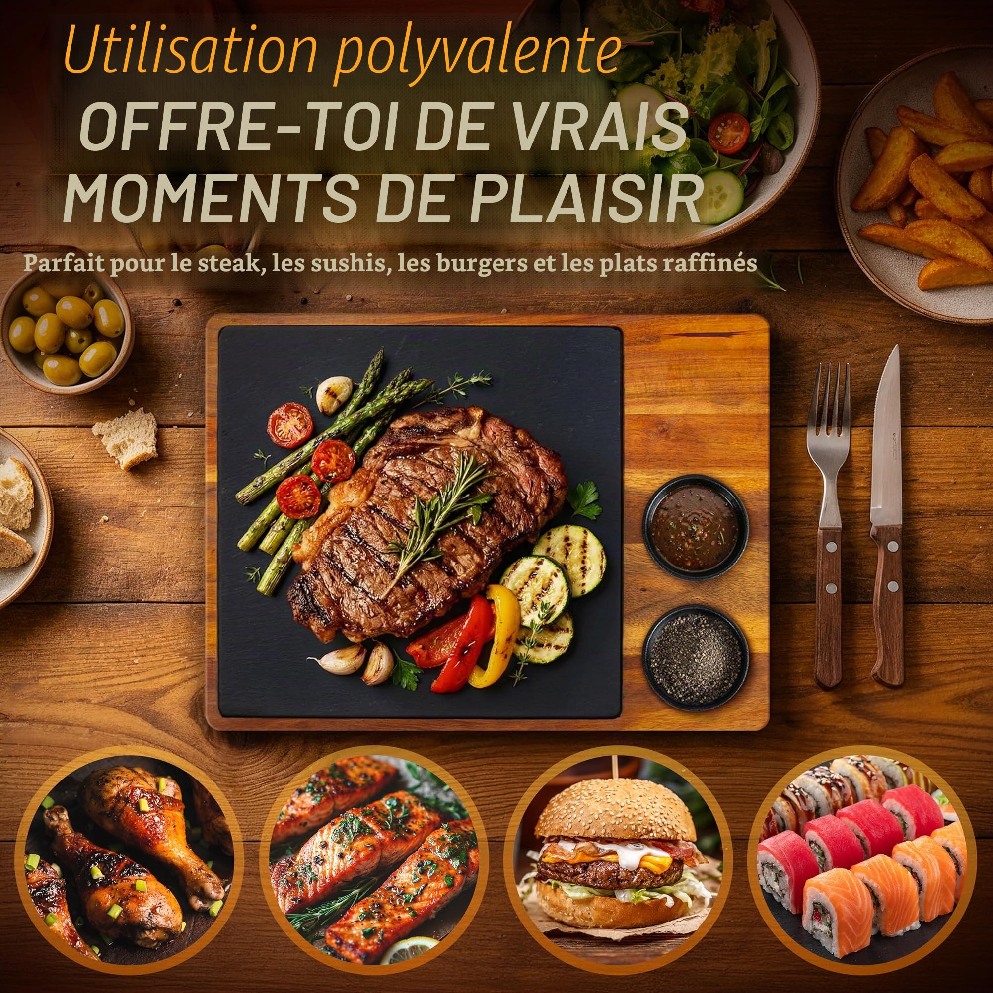 LIKAYA® Lot de 2 planches de service XXL « Domingo » en bois d'acacia FSC® avec plateau en ardoise et bols à sauce, planche à barbecue et accessoires pour steak, hamburgers