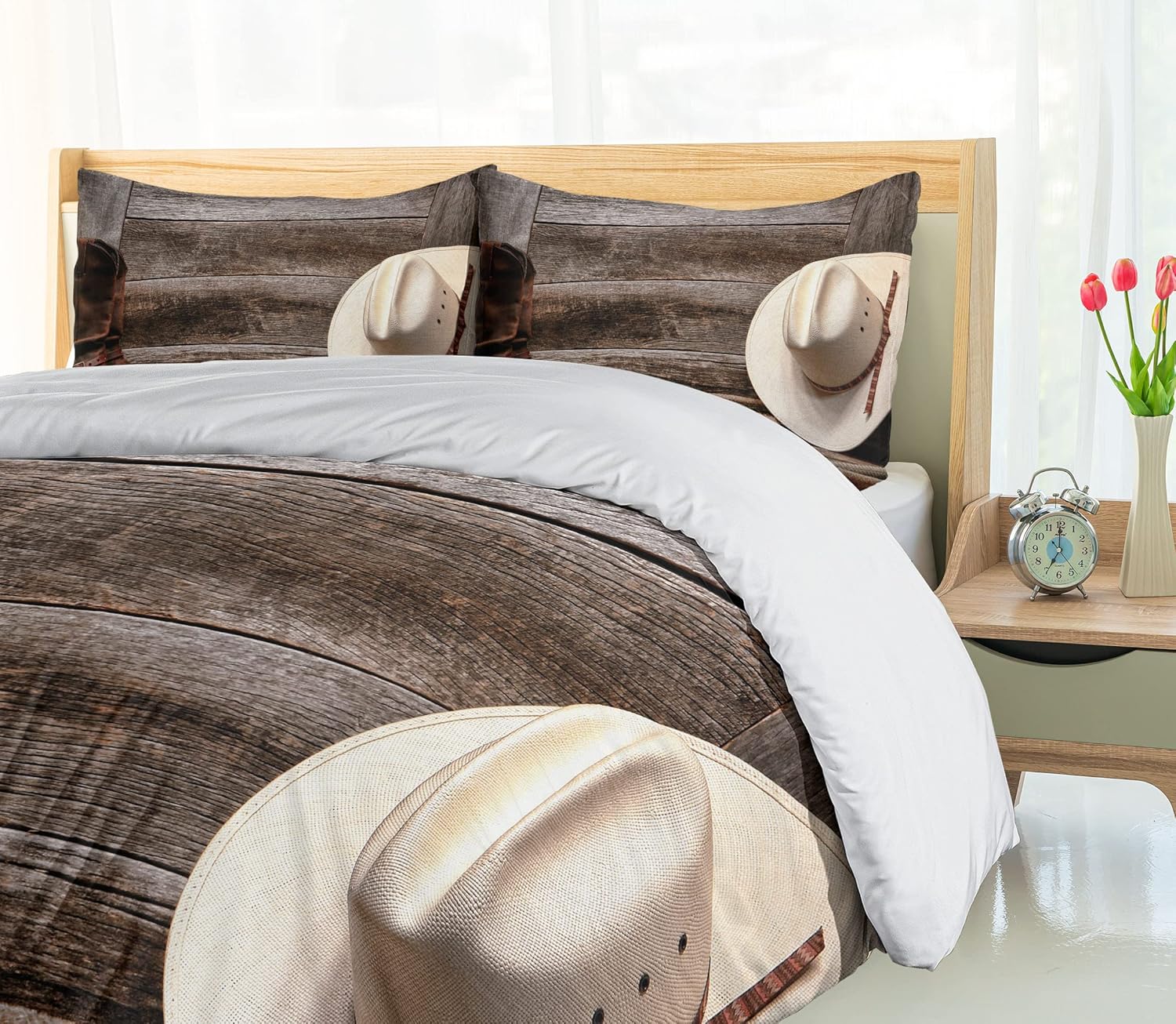 Ambesonne Western Duvet Cover Set, American West Rodeo Traditional Straw Cowboy Hat Leather Boots Print, Decorative 3 Piece Bedding Set with 2 Pillow Shams, Queen Size, Brown Tan