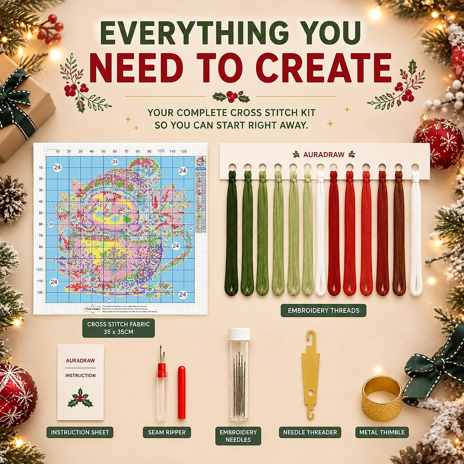 AuraDraw Christmas Stamped Cross Stitch Kits for Beginners Adults, Penguin Patterns Dimensions Needlepoint Art Crafts, Embroidery Kits for Beginners Adults for Home Decor 14x14inch