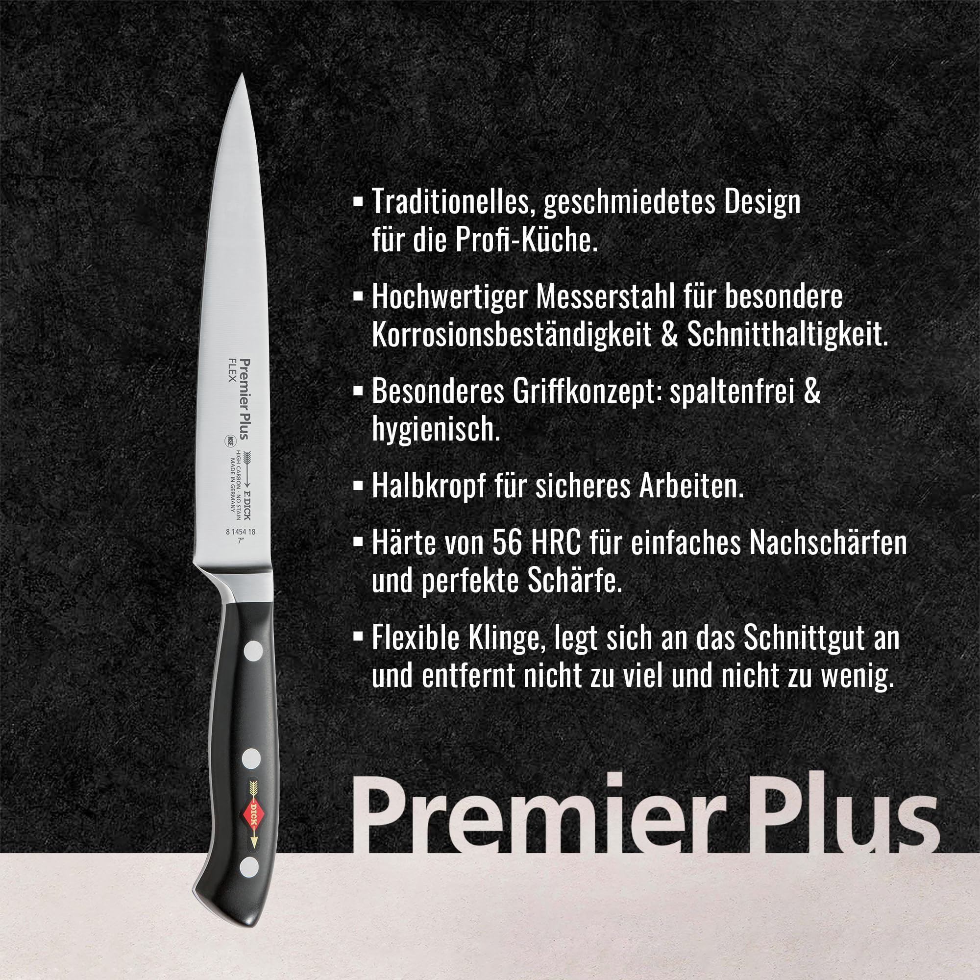 F. Dick Filetiermesser, Filiermesser, Premier Plus (Messer mit Klinge 18 cm, X50CrMoV15 Stahl, nichtrostend, 56° HRC) 81454182, Schwarz, 27x2x1 cm
