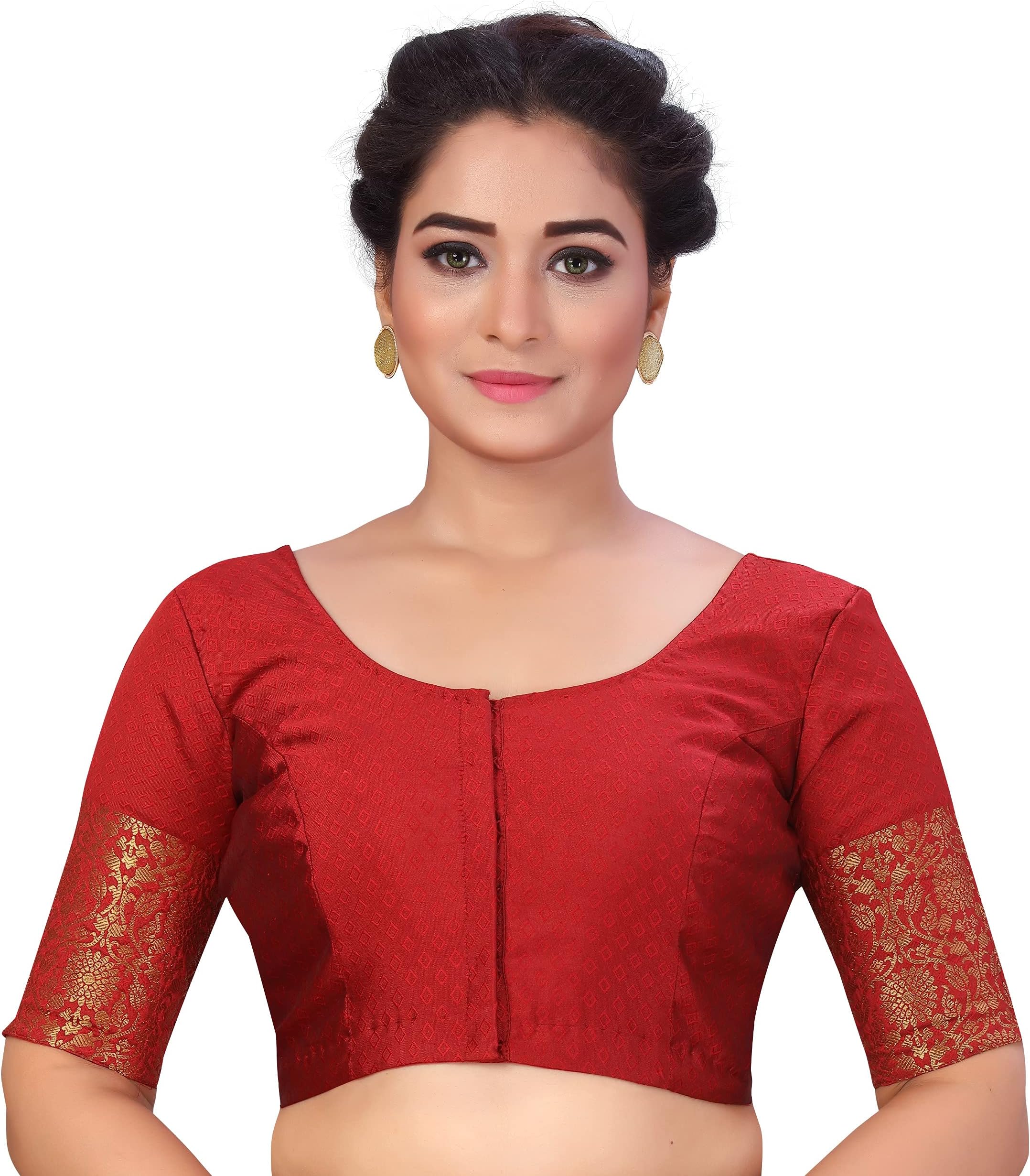 Studio ShringaarWomen's Brocade Elbow Length Sleeves Golden Kanjivaram Border Saree Blouse.
