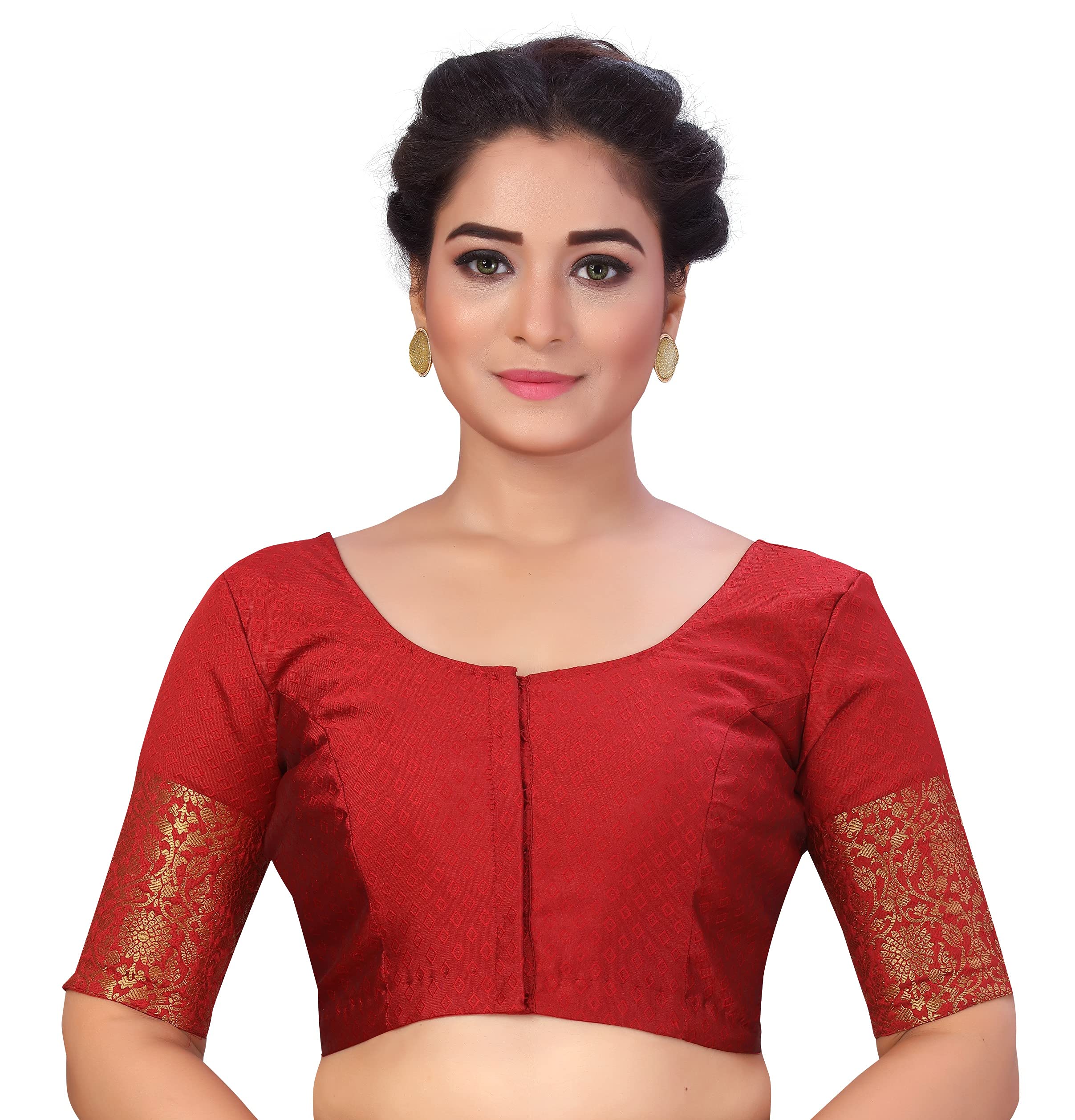 Studio ShringaarWomen's Brocade Elbow Length Sleeves Golden Kanjivaram Border Saree Blouse.