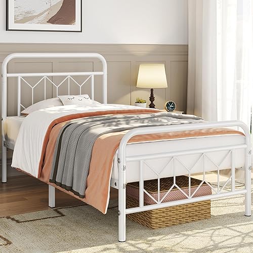 Topeakmart Base de cama individual de metal con cabecera de estilo vintage, base de colchón, no necesita somier, almacenamiento debajo de la cama,