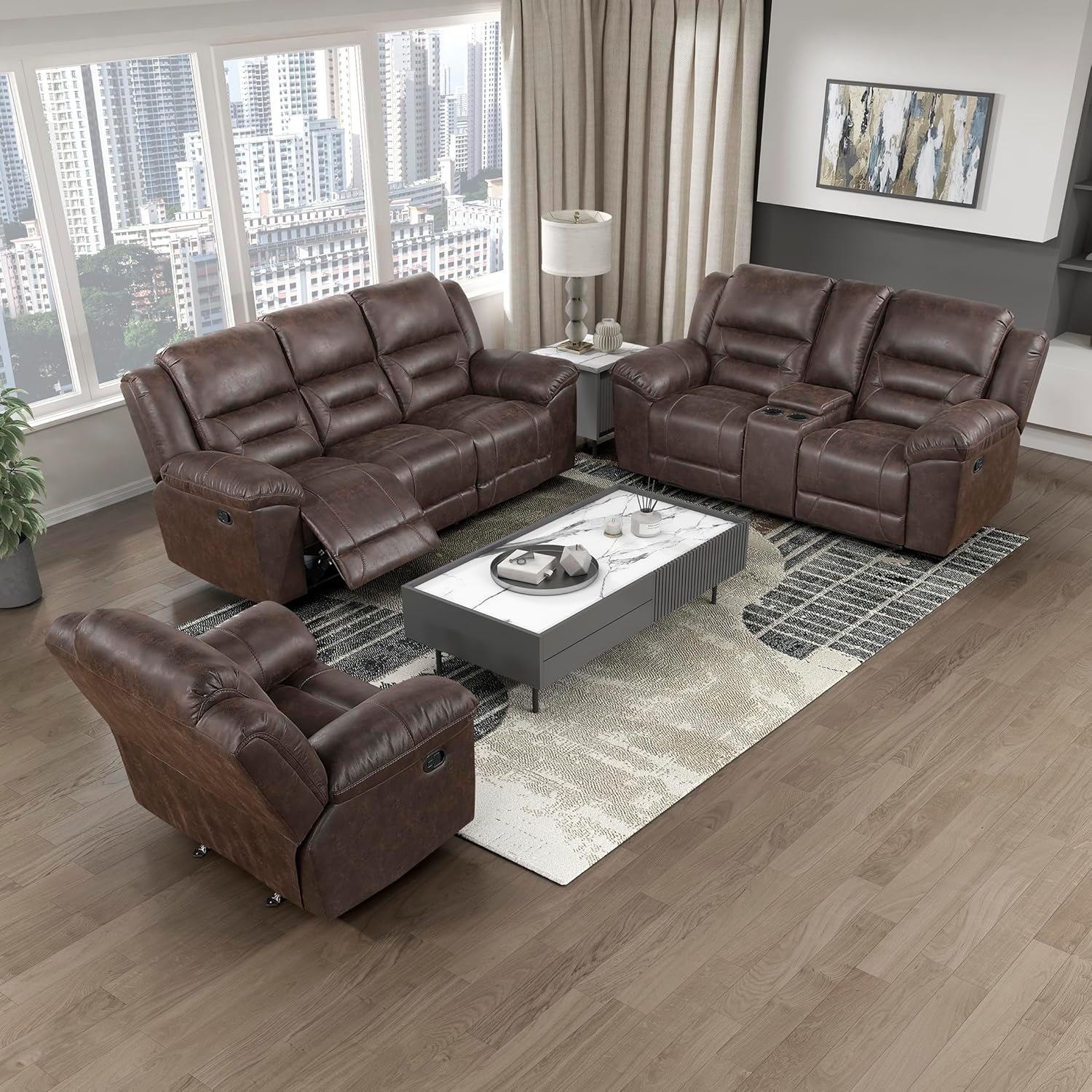 Lexicon Recliner Living Room Set, Wall Hugger Manual Recliner Sofas, Couches for Living Room, Home Theater Seating, includes Dual Reclining Sofa, Loveseat & Chair, Required Assembly, 3-Piece Set,Brown