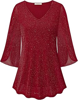 Womens Ruffle 3/4 Sleeve V Neck Double Layers Mesh Blouses Loose Fit Flo...