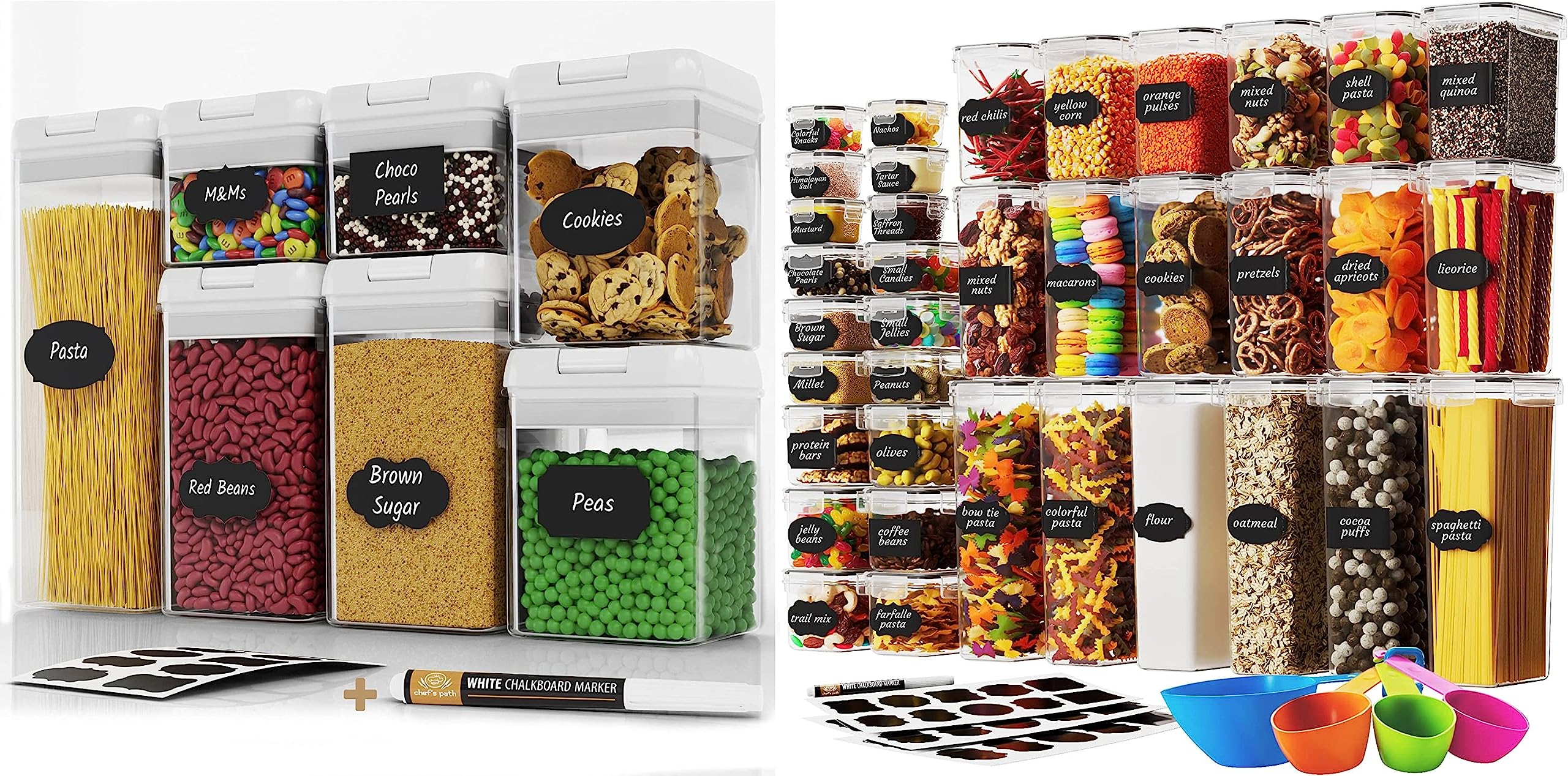 Chef's Path Bundle - Organize Your Pasta Spices & Snacks with our 36 Pasta & Spice Container + 7 White Snack Container Bundle Set - Bundle Set for Organizing Kitchen of Snacks & Variety Foods