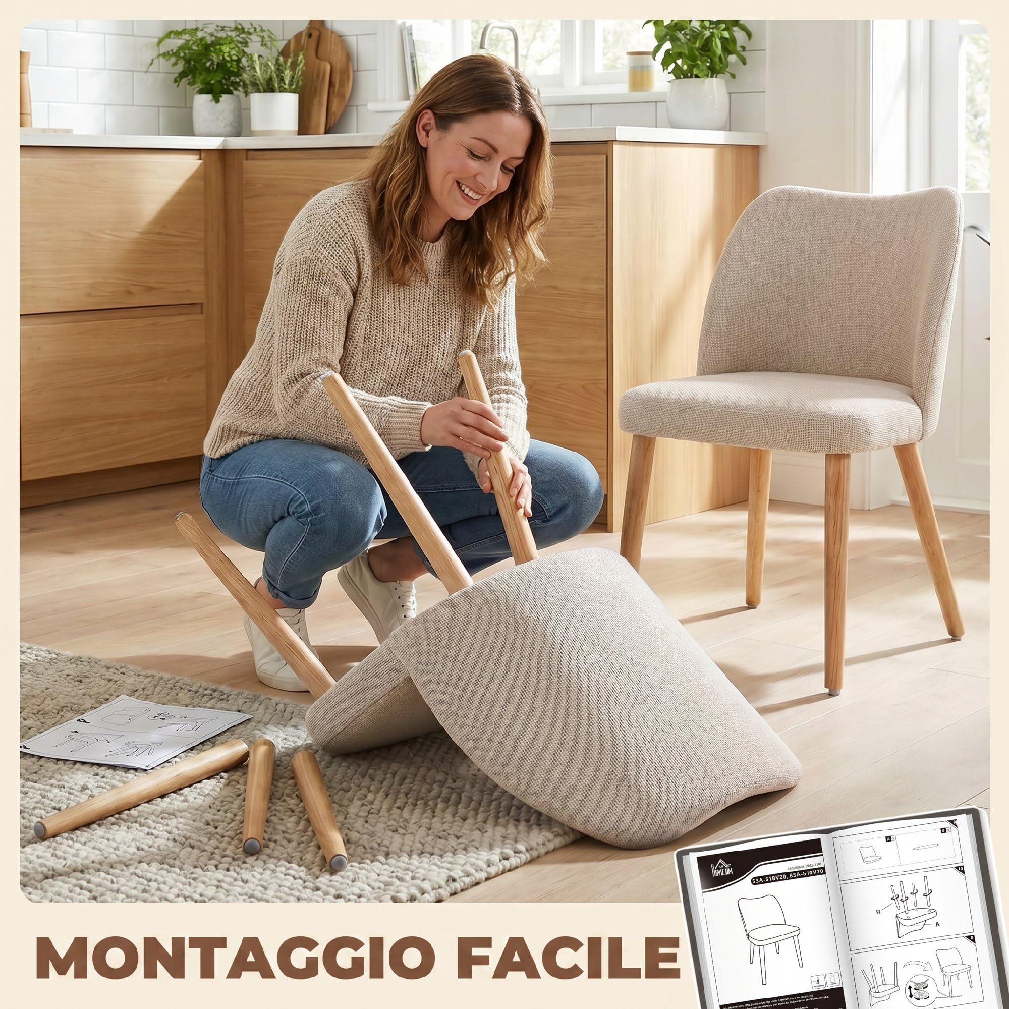HOMCOM Set di 2 Sedie Sala da Pranzo in Tessuto Effetto Lino, Sedie Cucina Scandinave con Gambe in Legno di Caucciù, Schienale Curvo, Sedia Imbottita per Cucina, Camera da Letto, Soggiorno, Crema