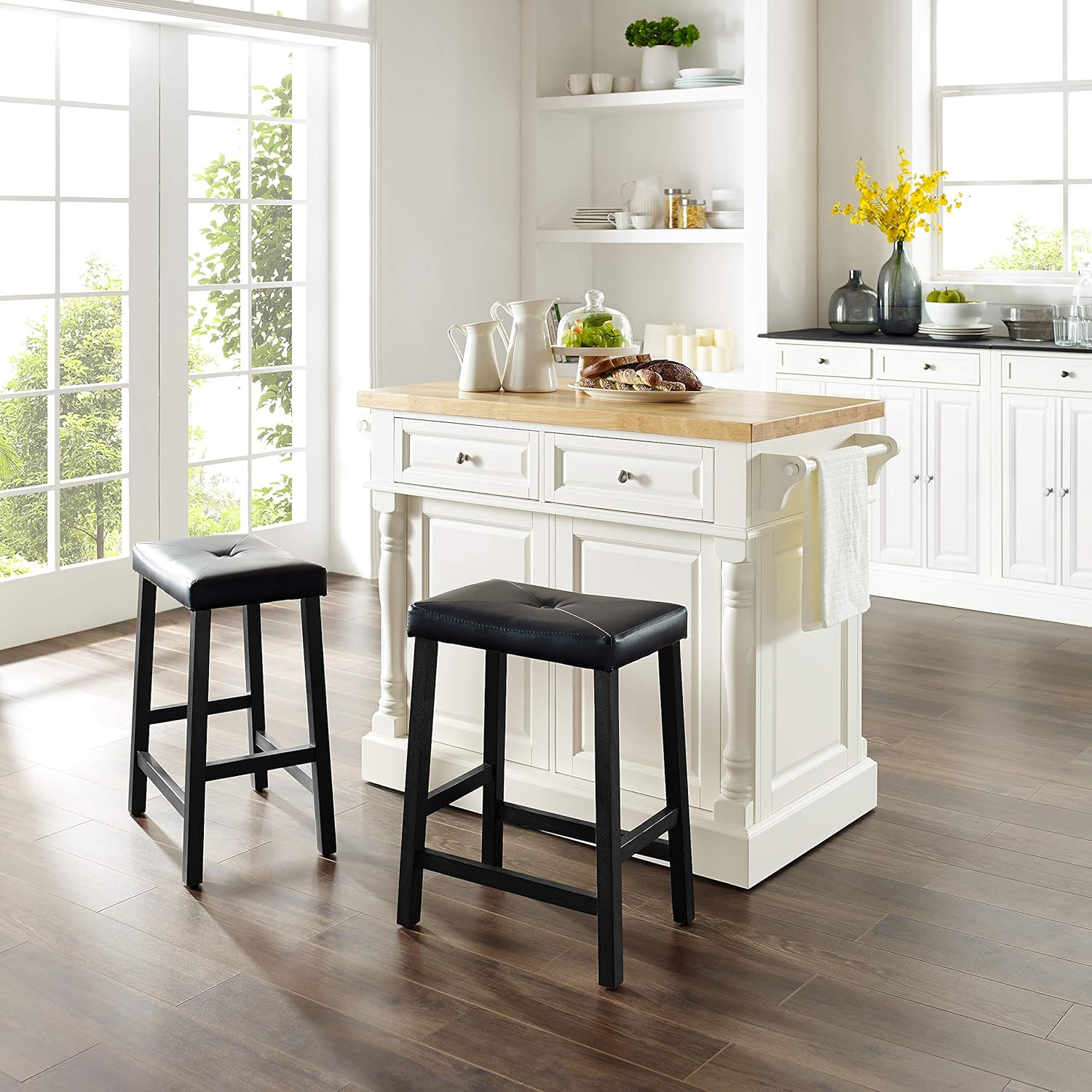 Crosley Furniture Oxford Butcher Block Kitchen Island, Coffee Bar, with a Set of 2 Upholstered Saddle Stools, White/Black