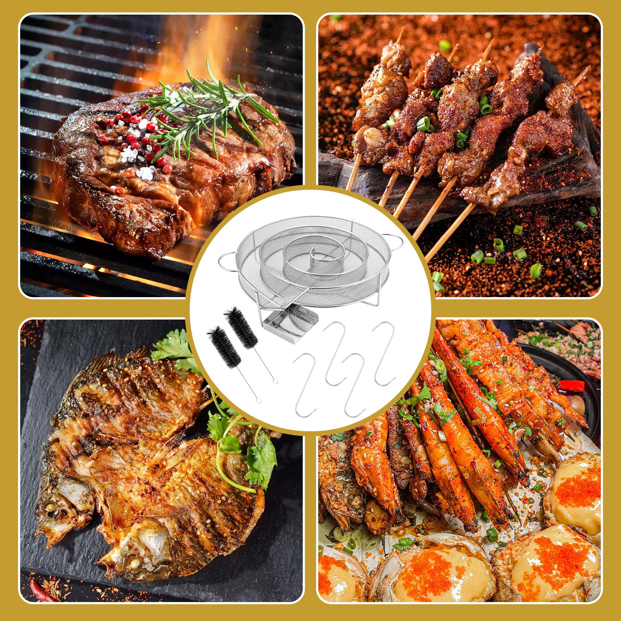 Set da 7 Pezzi Affumicatore Barbecue Portatile,Durevole,Generatore Fumo Freddo con Manico,Con 2 Spazzola, 4 Ganci,per griglie, affumicatori e forni per affumicatura, riutilizzabili