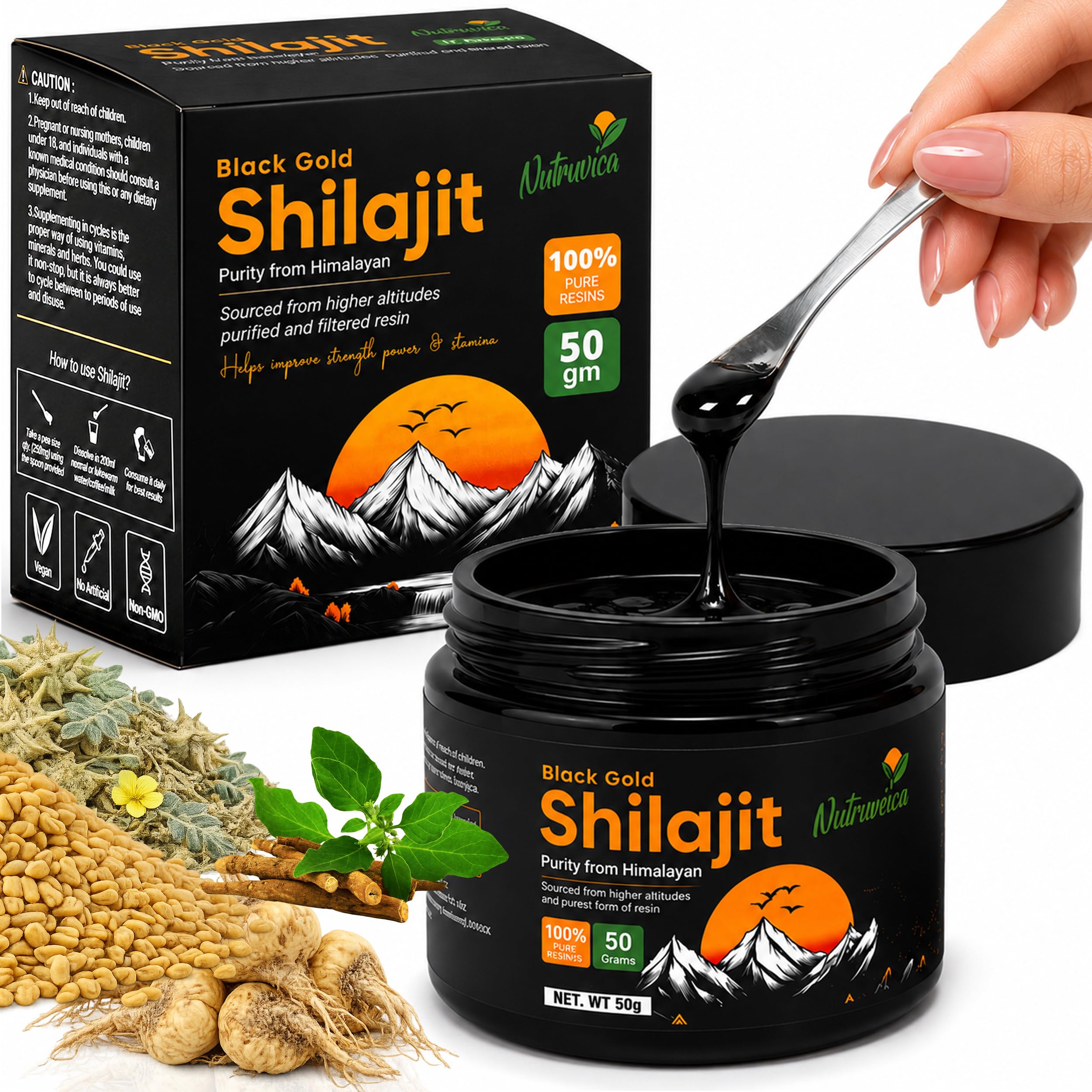 Himalayan Shilajit Resin, Pure Shilajit for Men & Women, 50 g, Black Gold Resin with Ashwagandha, Maca, Fenugreek & Tribulus, 100% Pure Resin