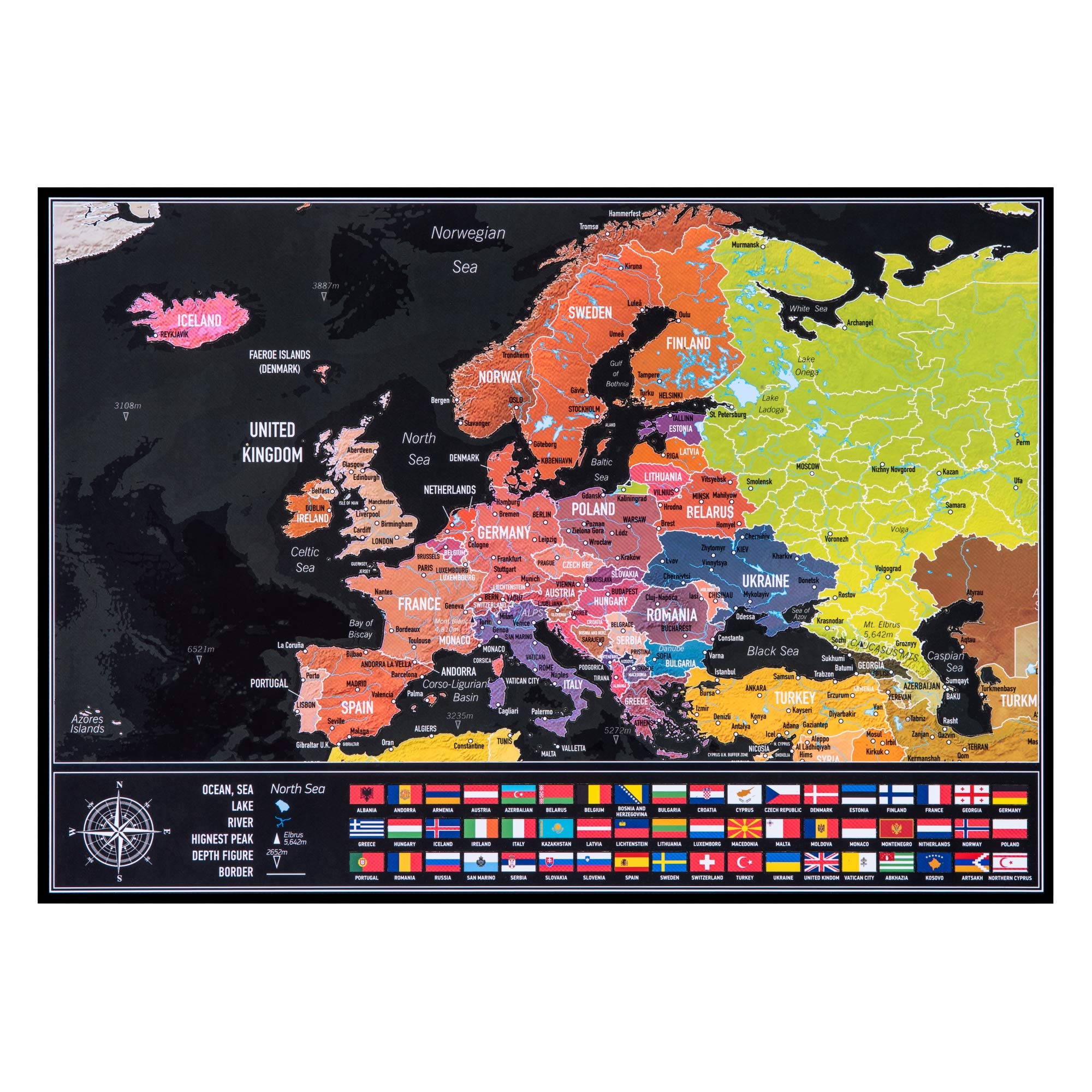 Europakarte zum Rubbeln mit Flaggen - Rubbelkarte zum Reisen zu verfolgen - Made in Europe - 42cm x 29.7cm