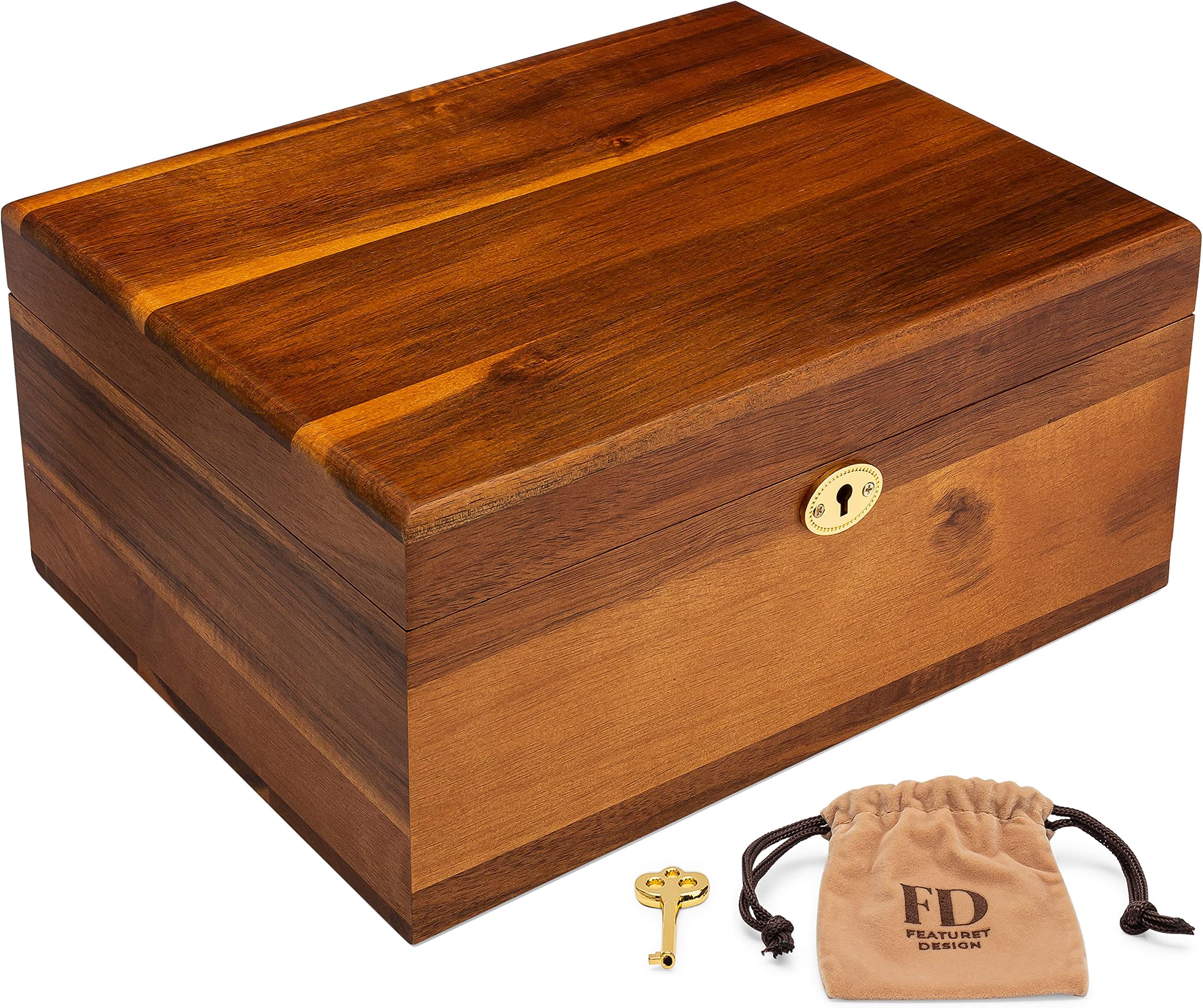 Wooden Storage Box with Hinged Lid and Locking Key - Large Premium Acacia Keepsake Chest with Matte Finish - Store Jewelry, Toy, and Keepsakes in a Beautiful Decorative Crate - 11 X 8.5 X 5 Inches