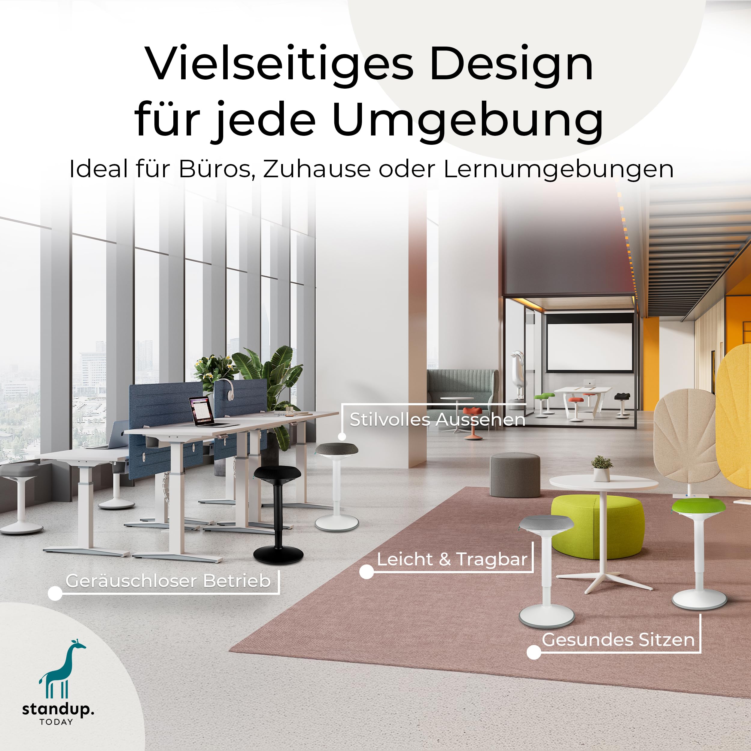 standup.Today Wackelhocker Ella (Schwarz/Schwarz) – Sitzhocker höhenverstellbar 55-80 cm – Ergonomischer Hocker für Büro & Zuhause – Bürohocker mit Schwingeffekt – Schreibtischhocker