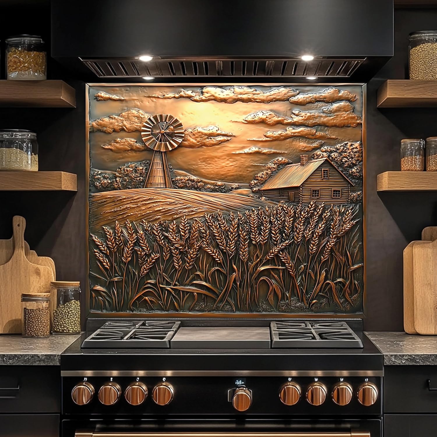 Tempered Glass Backsplash for Kitchen, Farmhouse Scene Glass Backsplash, Copper Look Backsplash for Kitchen Wall, Rustic Kitchen Backsplash, Easy to Install Stove Backsplash
