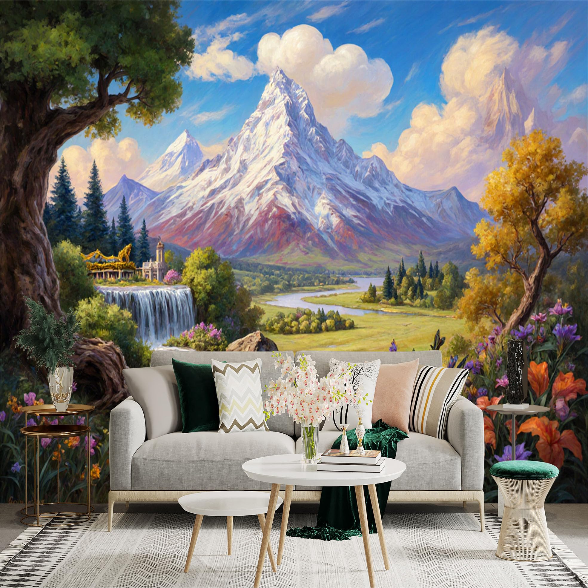 Lnzczhyre Xc260505546 Custom Size Wall Sticker Mural， Majestic Snow Capped Mountain， Tranquil River And Waterfall， Vibrant Wildflower Meadow， For Wall Decoration， Peelandstick Wall Decals.