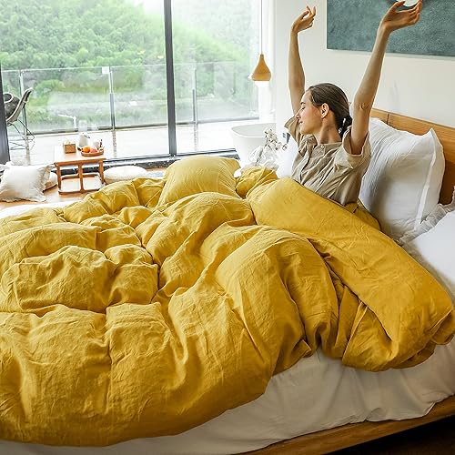 Miniatura 7 de Simple&Opulence - Juego de funda de edredón 100 % lino, 3 piezas con cierre de botón de coco, de lino francés lavado, color liso, suave,