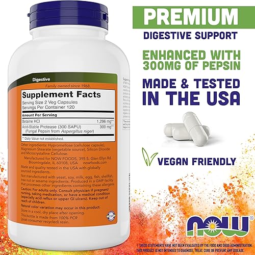 Miniatura 9 de NOW Suplementos betaína HCl 648 mg fórmula vegetariana apoyo digestivo 120 cápsulas vegetales