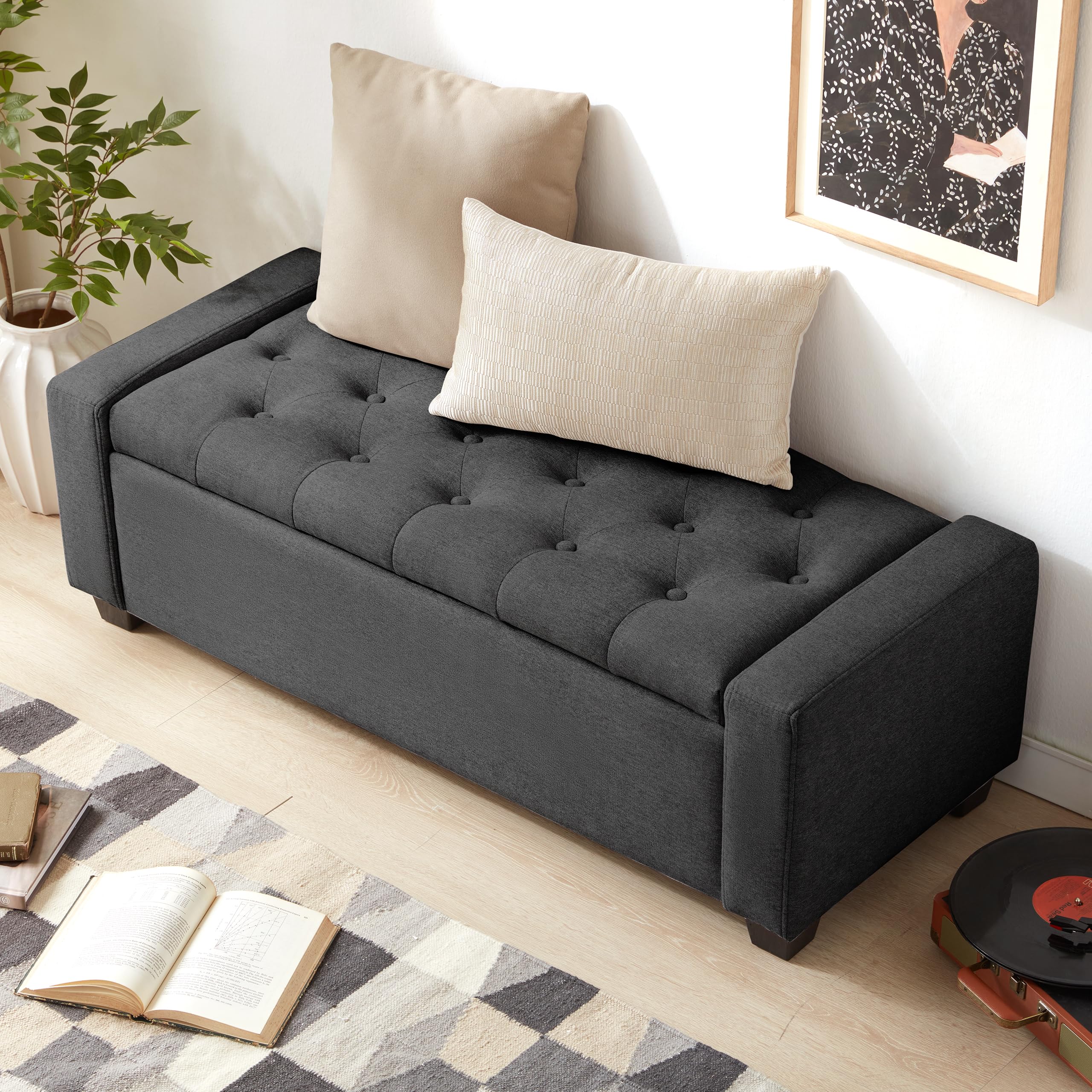 HOWJOE Sitzbank Mit Stauraum, Sitzhocker Mit Stauraum Belastbar Bis 200 Kg, Sitztruhe Mit Stauraum, Aufbewahrungsbox -123*50*42cm, Sitzbox, Polsterhocker Für Wohnzimmer Schlafzimmer Flur, Dunkelgrau