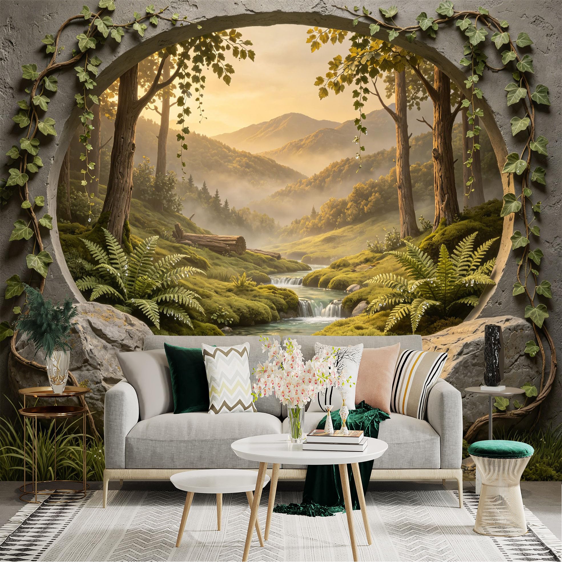 Custom Size Wall Sticker Mural， Scenic Forest Stream with Mossy Rocks and Mountain View， for wall Decoration， peelandstick wall Decals.