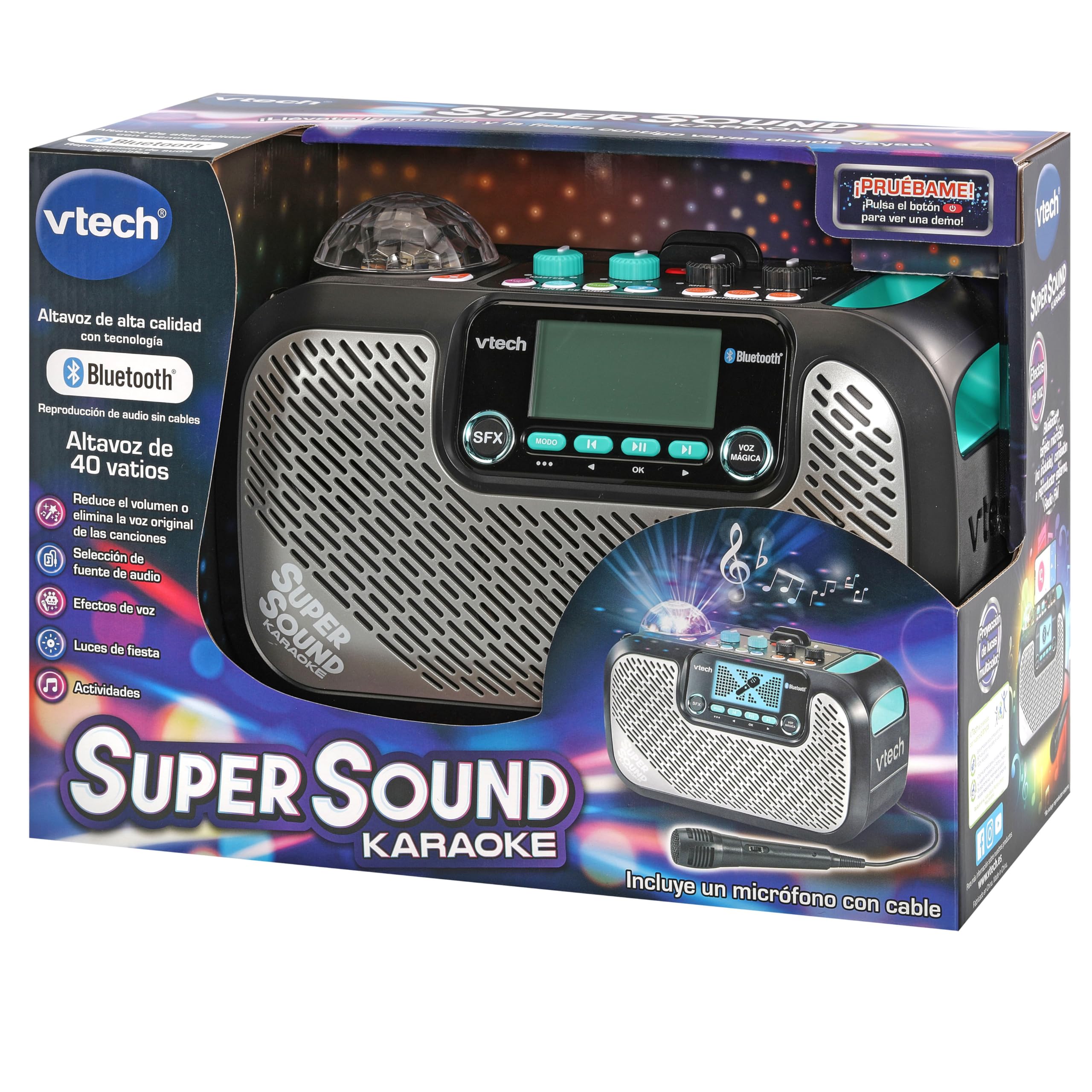 VTech - Super Sound Karaoke, Altavoz Karaoke portátil con micrófono, Bola de Discoteca iluminada giratoria, Bluetooth, Entrada Auriculares, Regalo niños +14 años, Contenido en Español