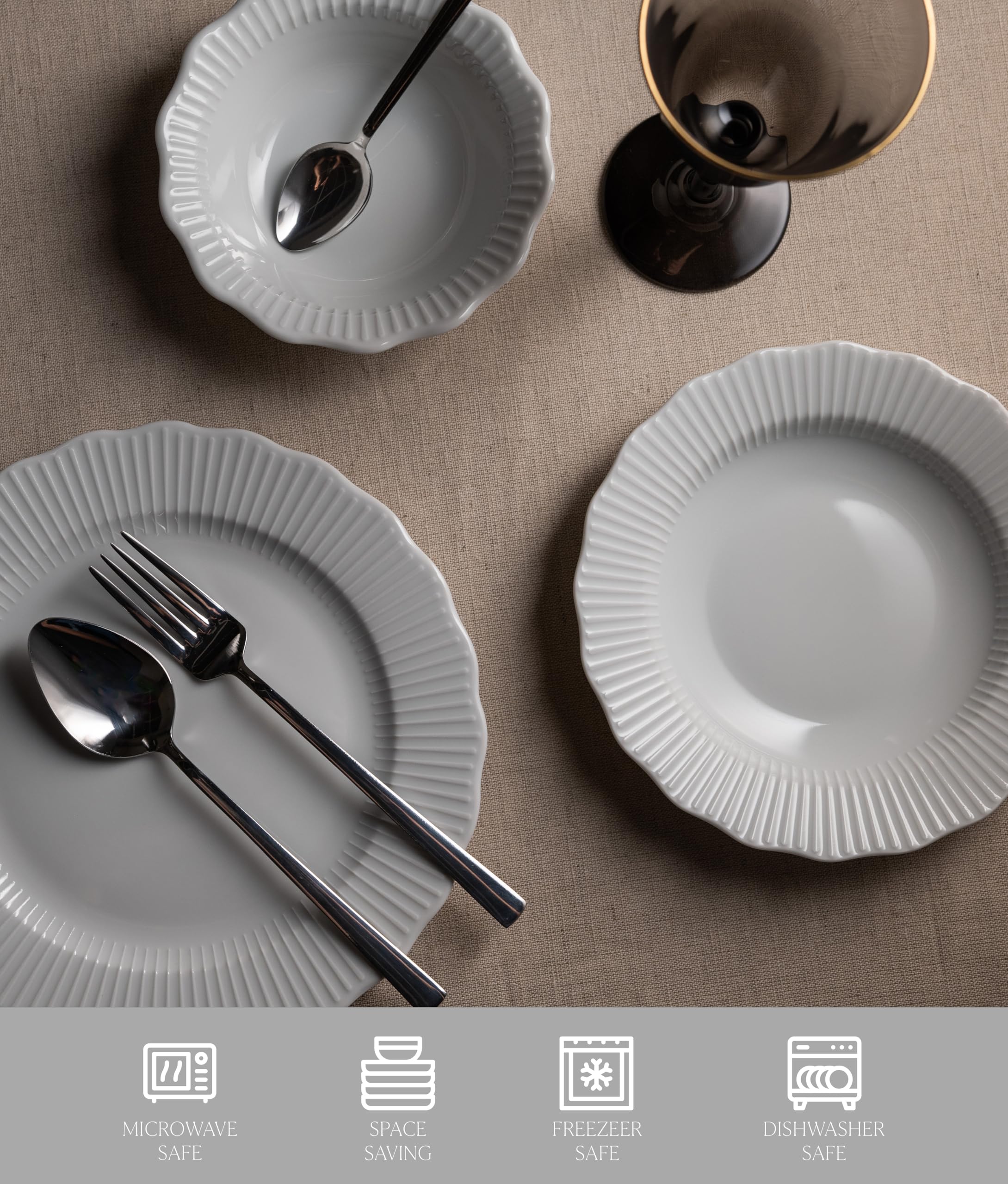 Vajilla de Porcelana blanca Porland Frilly - Vajilla de 18 Piezas Blanca– completa y elegante para 6 personas