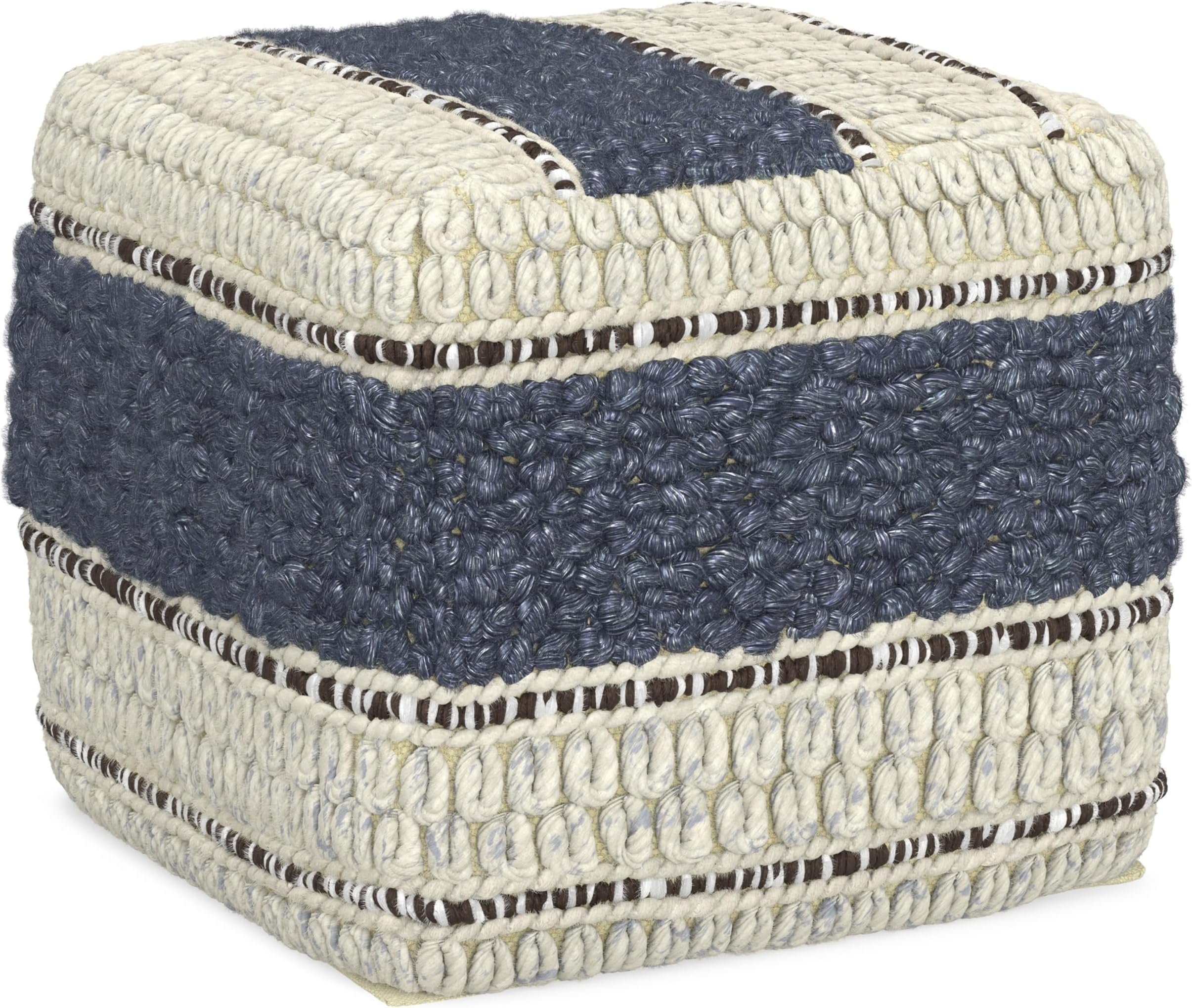 Grady Square Pouf - 18" Wide x 14" High Wool and Cotton Handloom Woven Ottoman in Blue and Natural, Contemporary Footstool for Living Room with Polystyrene Bead Filling, Assembled