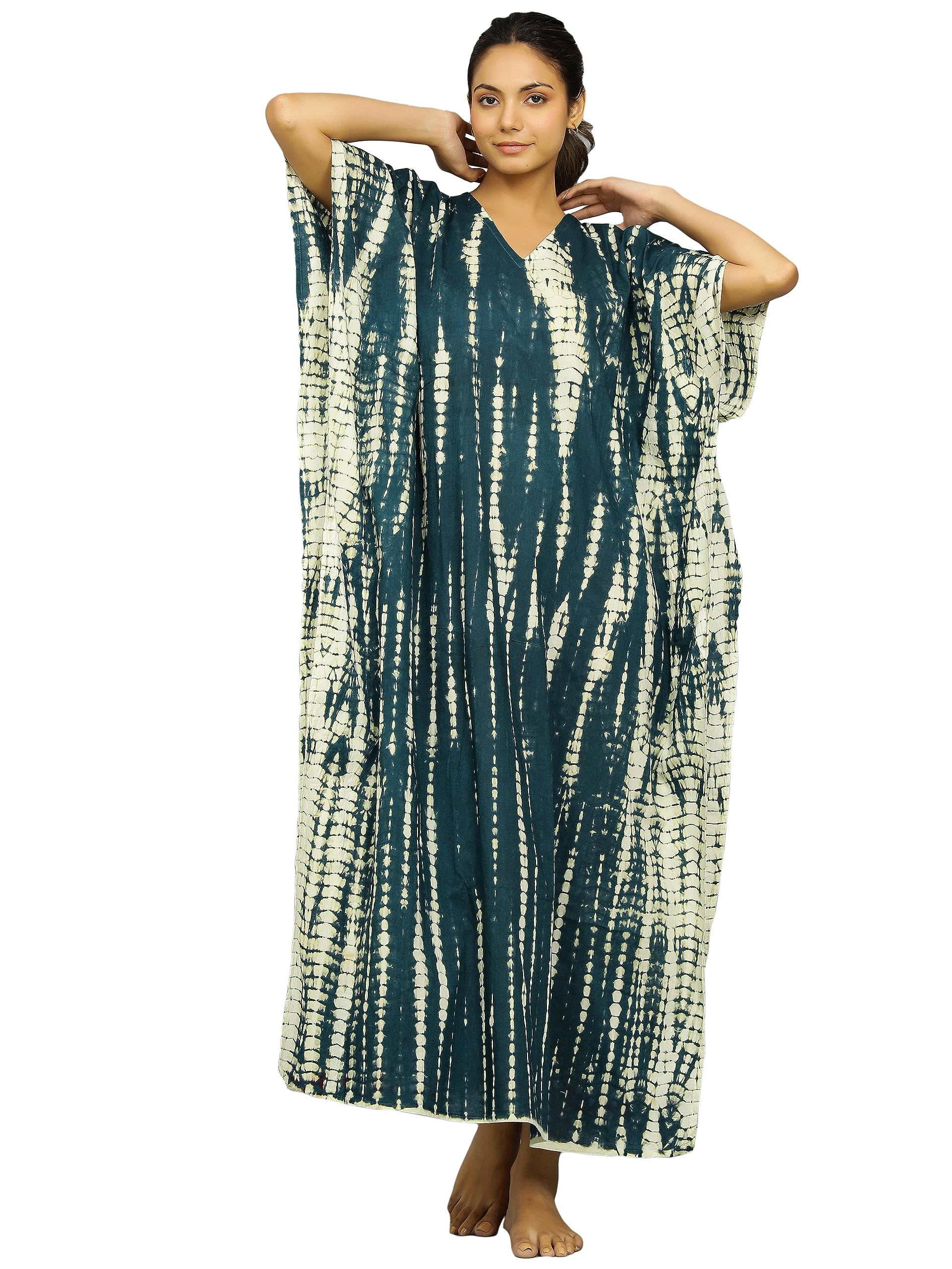 Ravaiyaa - Attitude is everything Women Tie Dye Printed Long Maxi Nightwear Cotton Gown Loose Sleepwear Nighty (Teal Green)-image-36