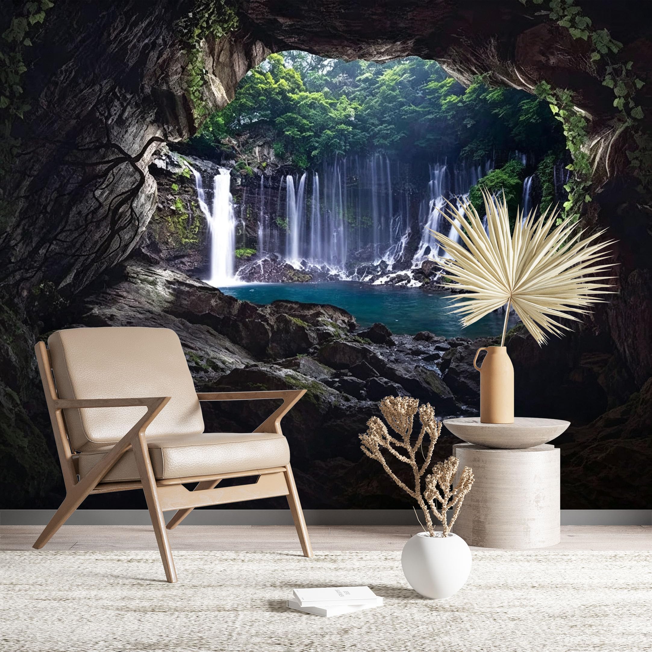 Custom Size Wall Murals Multi Waterfalls Cave View Wall Murals Nature Wallpaper Realistic Self-Adhesive Removable Wallpaper for Living Room Bedroom