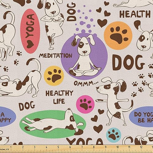 Lunarable - Tela para amantes de perros de The Yard, patrón divertido de animales de dibujos animados en posiciones caprichosas estirando y Beige y