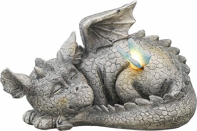 TERESA'S COLLECTIONS Dragon Garden Ornaments Outdoor with Solar Lights, Resin Stone Finished Sleeping Baby Dinosaur with Butterfly Statues for Patio Lawn Yard Zen Autumn Decorations, 24.5cm
