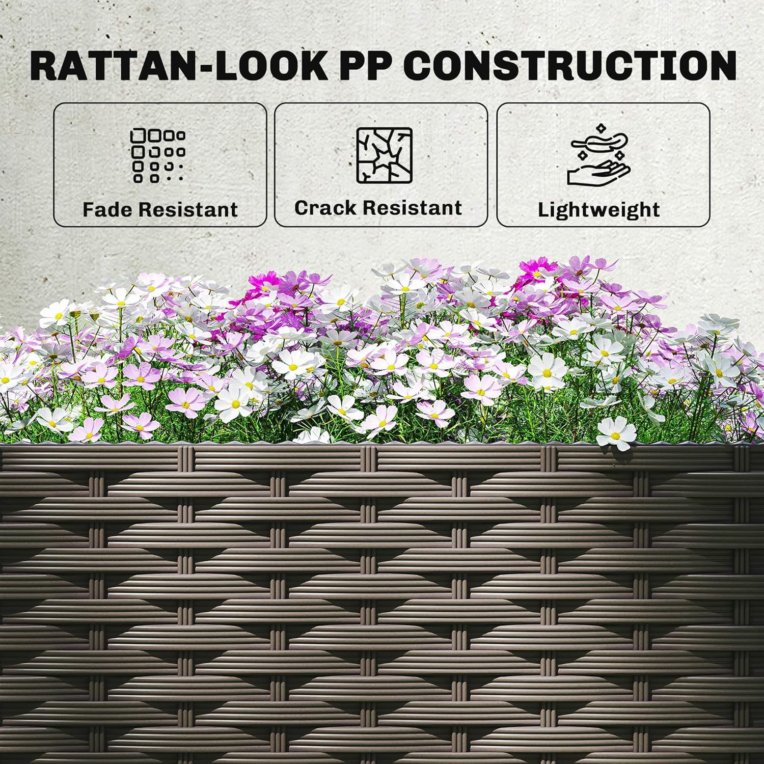 Outsunny 3PCS Plastic Planter Box with Trellis, Self-Watering Raised Garden Bed with Trellis and Automatic Watering Timer Kit, Outdoor Raised Planter with Drainage Holes, Plugs and Water Reservoir