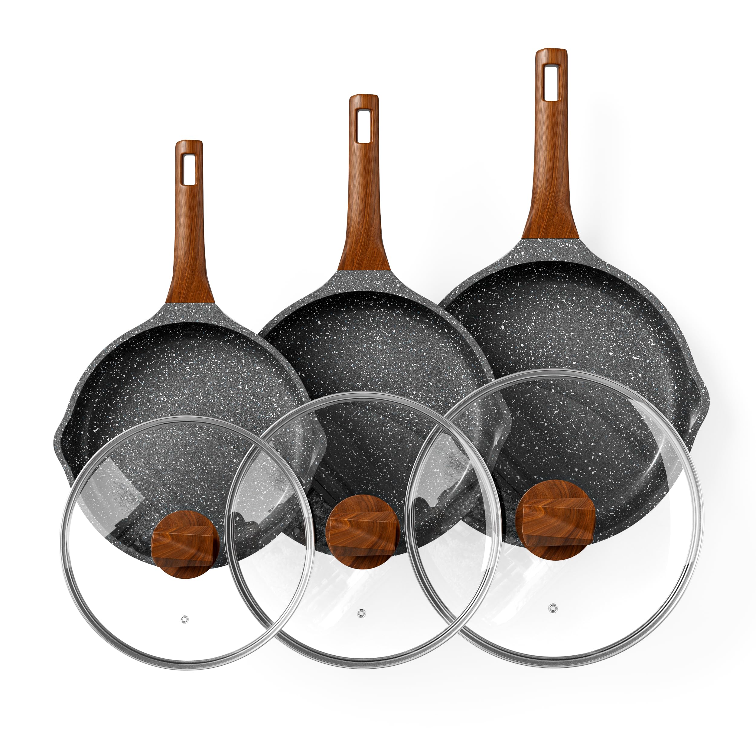 RIOVARM Induzione Set di padelle con coperchi Antiaderente Padelle universali 20 cm 24 cm 28 cm Granito Padella per omelette Set di pentole con manico resistente al calore Adatto a vari fornelli