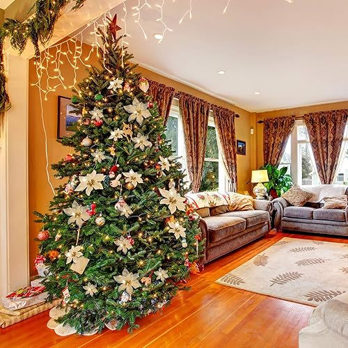 Miniatura 23 de 36 piezas de 3 tamaños de flores artificiales de Navidad con purpurina de Navidad para decoración de árbol de Navidad, Año Nuevo, decoración