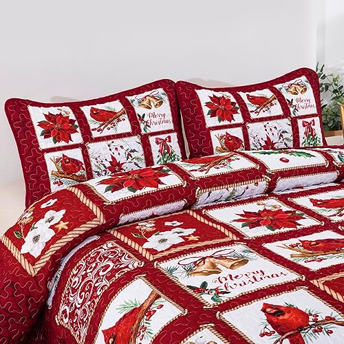 Miniatura 4 de Juego de edredón de Navidad, tamaño King, con estampado rojo, Papá Noel, muñeco de nieve, colcha de microfibra suave con 2 fundas de almohada para