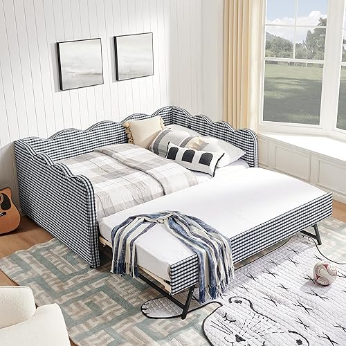 KEIKI Full Size Upholstery Daybed with Trundle and USB, Full to King Design Adorable Wave Shaped Extendable Linen Sofa Bed, Easy Assembly, No Box Spring Required, for Living Room and Bedroom, Navy