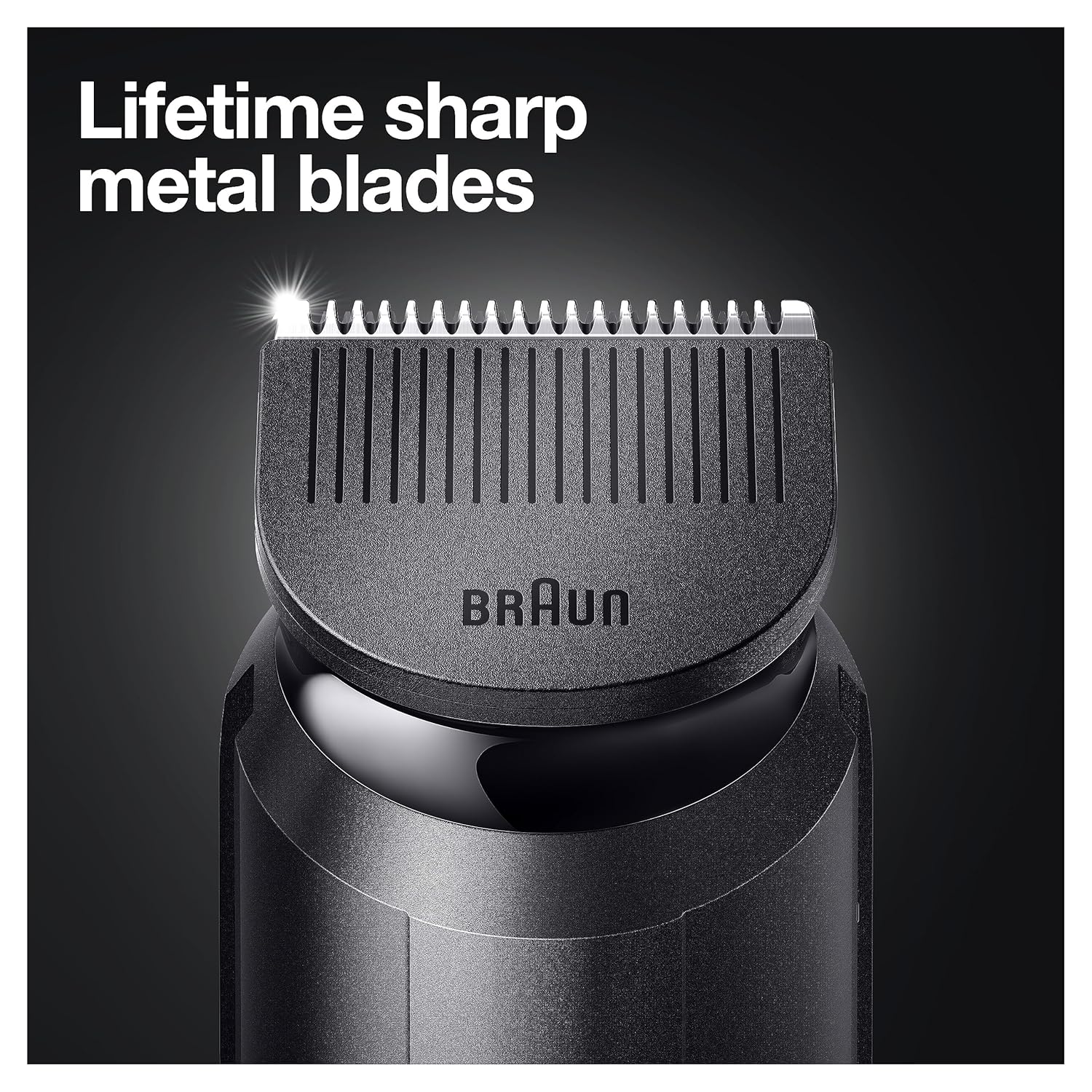 Close-up of Braun Beard Trimmer 3 BT3221's lifetime sharp metal blades