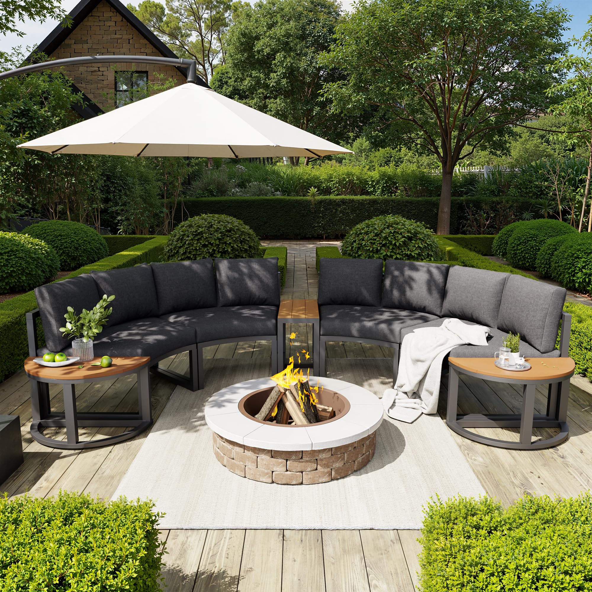 Gartenmöbel-Set für 4-6 Personen, Garten Loungesessel Set, Bequeme Gartenmöbel mit grauen Sitzpolstern und Kissen, verstellbare Beine, rundes Sofa, grau (4-6 Personen)