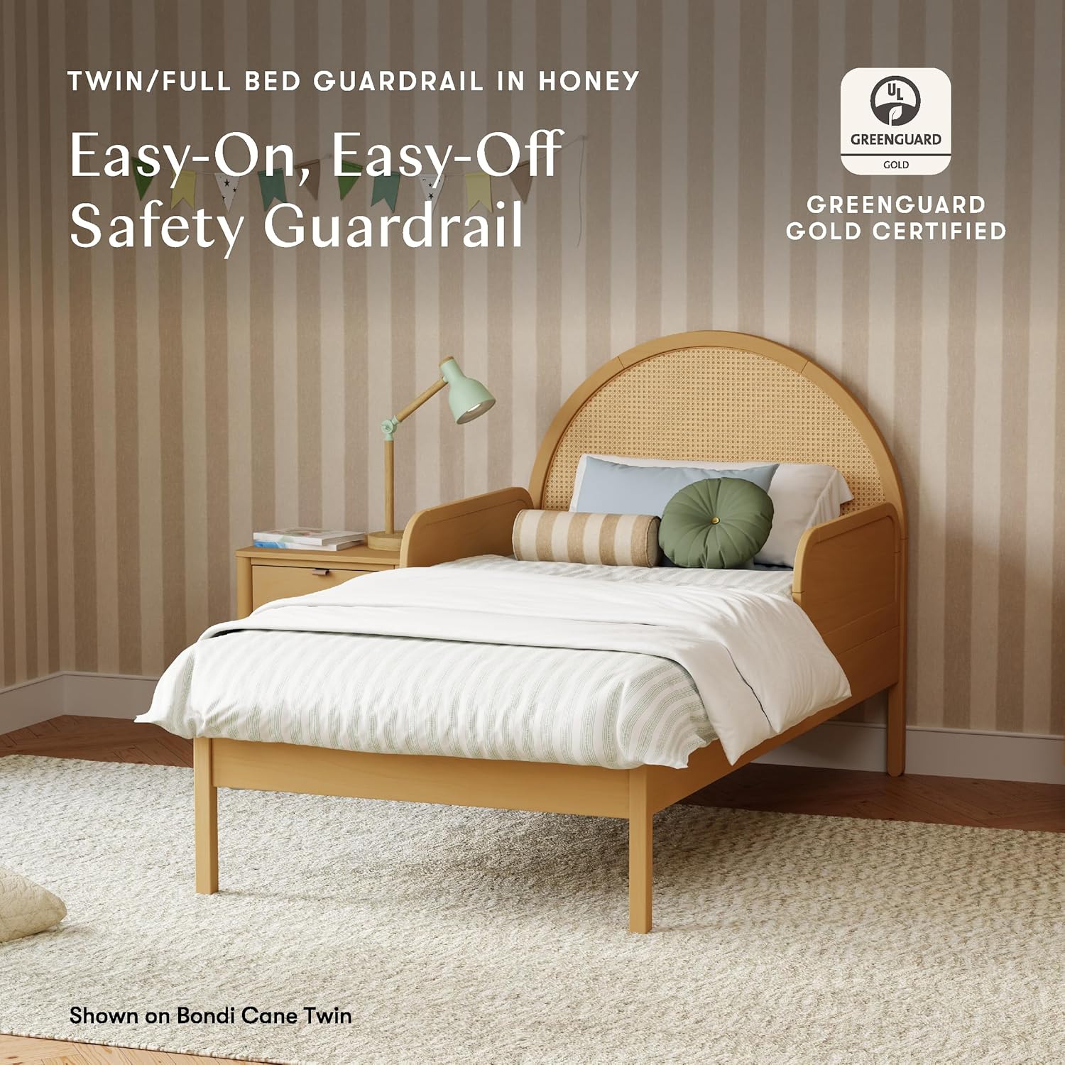 Babyletto Twin/Full Bed Guardrail for Single-Side Use - Removable, Wooden Bed Rail for Toddlers - GREENGUARD Gold Certified Baby Bedside Rail Guard for Safe Sleep - Tools Free Setup - Honey