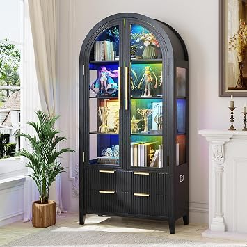 71" Arched Display Cabinet with Glass Doors and RGB Lights, Black | Modern French Style, Two Fluted Drawers, Motion Sensor, 4 Tier Curio Cabinet for Display Collectibles, China, Home Office