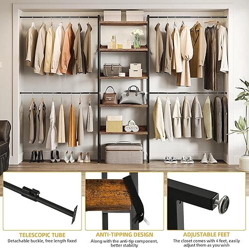 Miniatura 4 de DWVO Sistema organizador de armario para dormitorio, sistema de armario ajustable y resistente, 4 barras de suspensión expandibles, estantes de