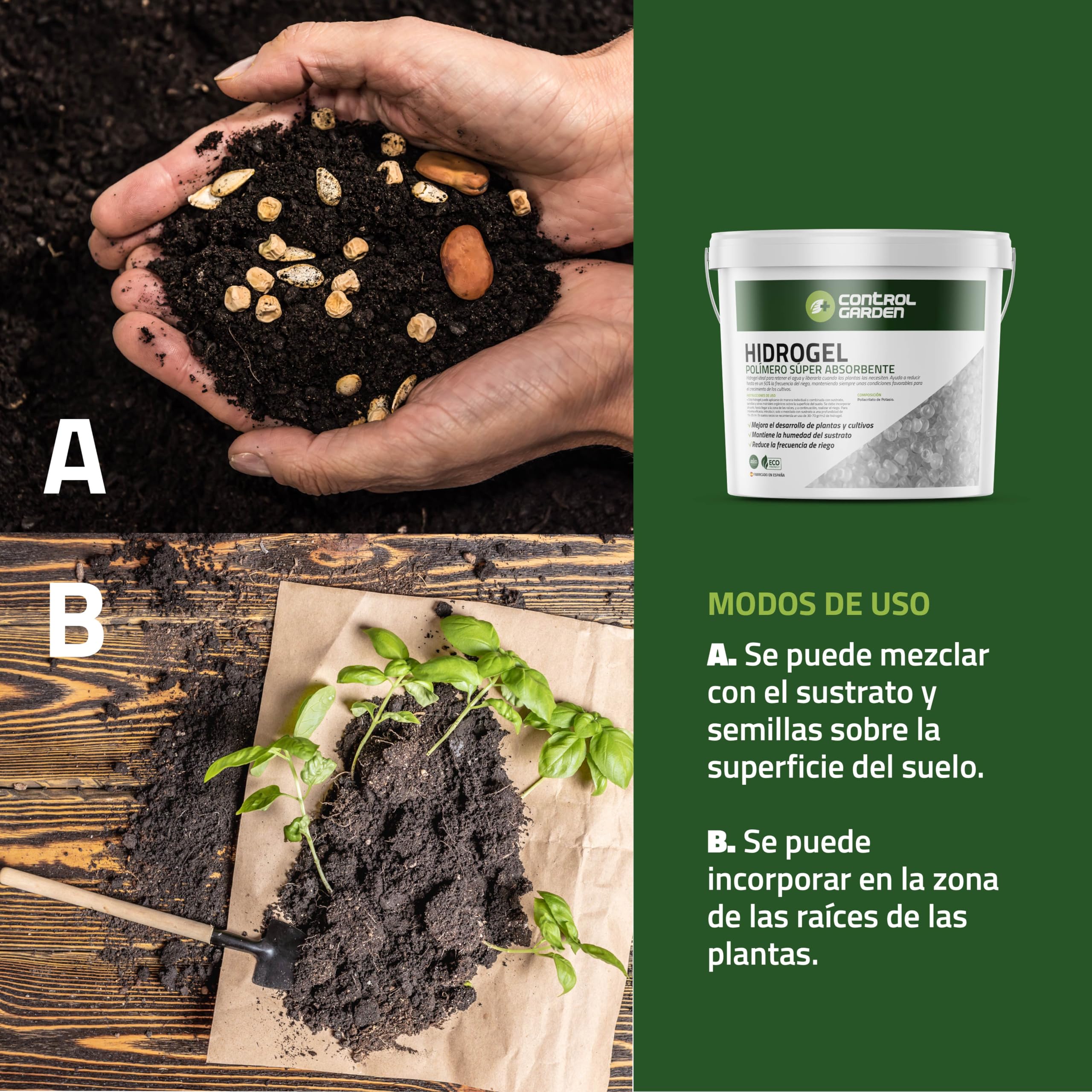 GROWMANIA.ES Control Garden Hidrogel Retenedor de Agua para Plantas y Cultivos 5 KG | Agua Sólida para Riego de Interior y Exterior | Polímero Súper Absorbente Retenedor de Lluvia hasta 1500 L
