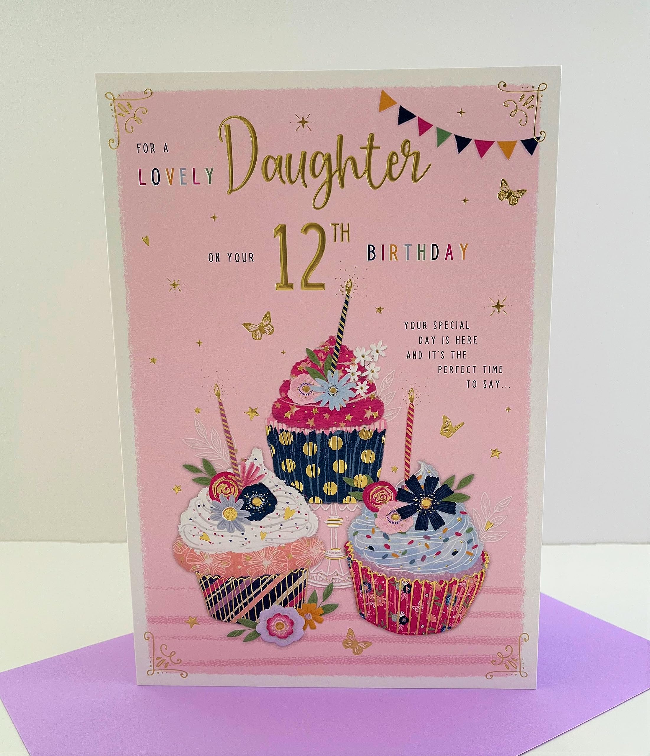 Geburtstagskarte Für Tochter Zum 12. Geburtstag – Mit Cupcakes & Schmetterlingen, 15,7x23 Cm