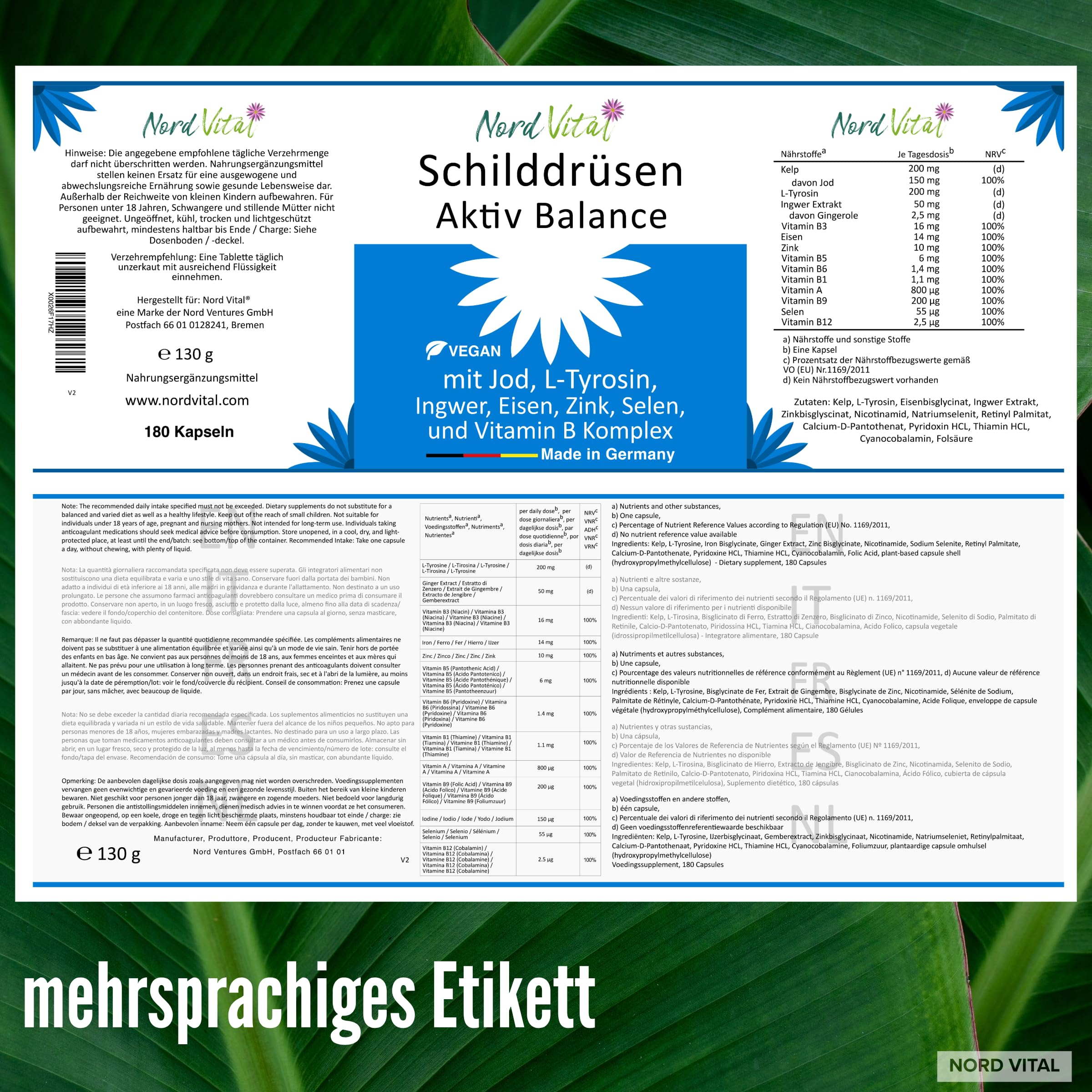 Schilddrüsen-Aktiv-Balance -13-in-1-Komplex mit Jod, L-Tyrosin, Ingwer, Selen, Eisen, Vitamin A und Vitamin B-Komplex - 180 Kapseln - Made in Germany - Ohne unerwünschte Zusätze - Vegan