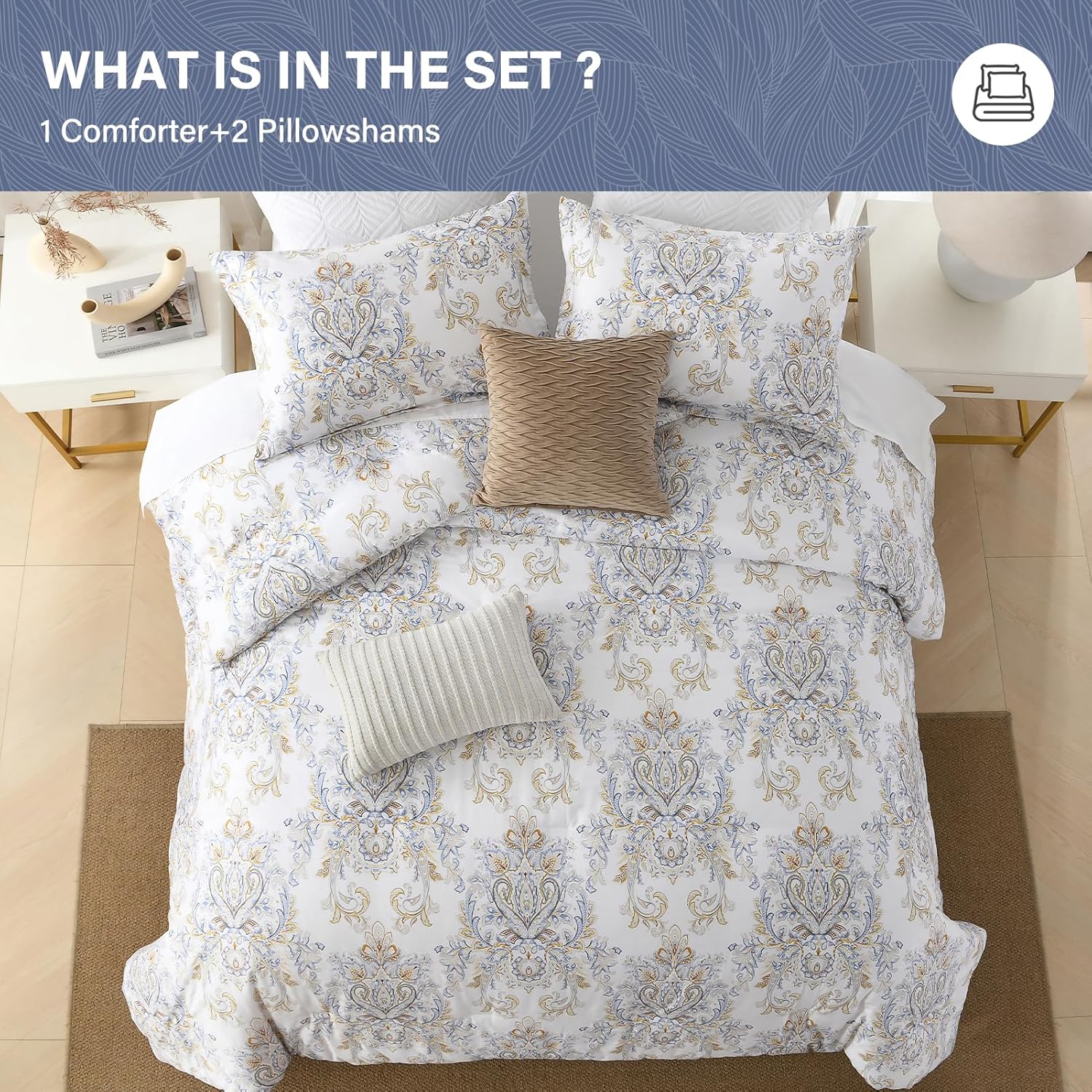 SahSahCasa Cotton Comforter Set King Size, King Comforter Bedding Set, Paisley Floral Damask Patterns Comforter, Chic Fluffy Quilted All-Season Luxury Bed Set, Duvets and Down Alternative, 3pcs