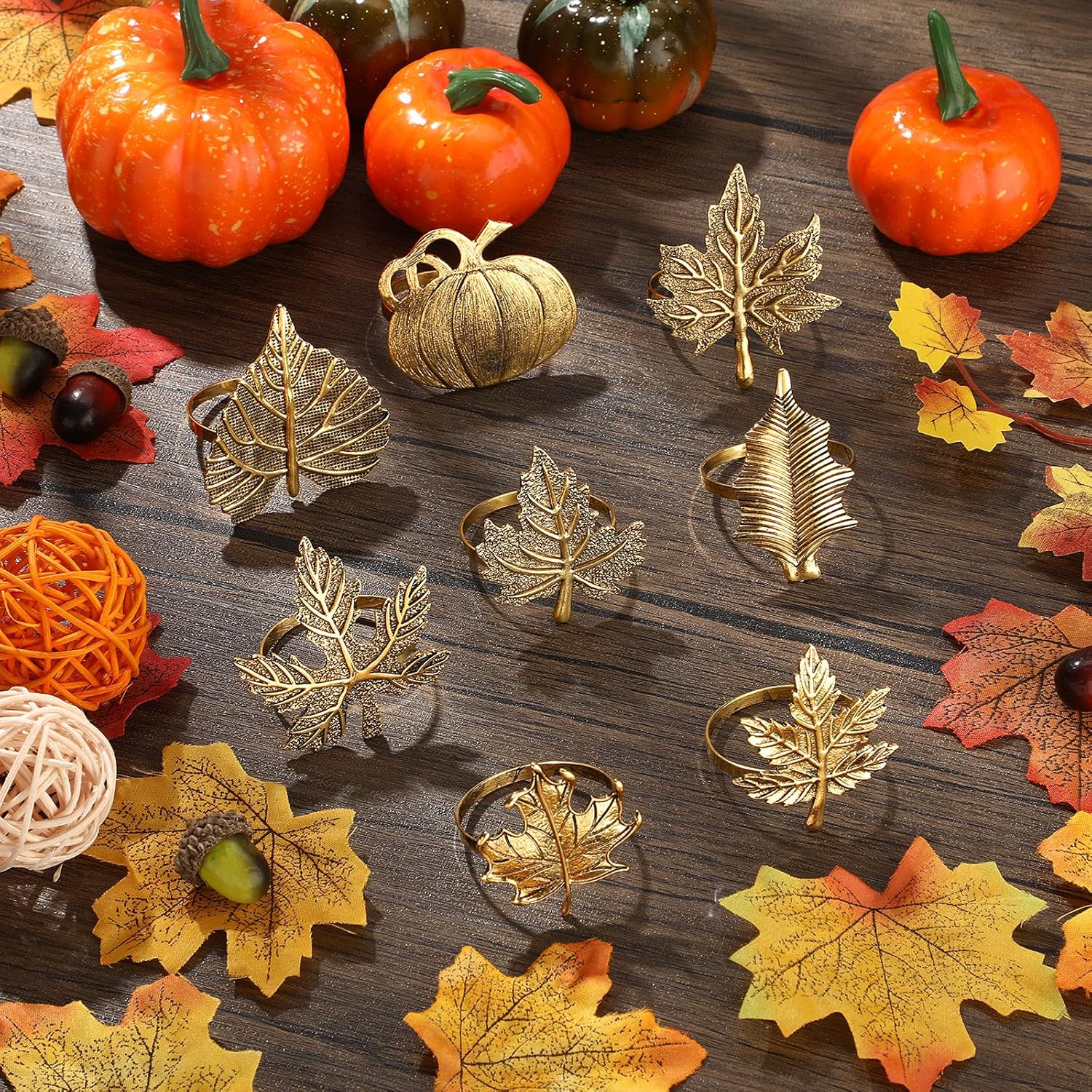 Patelai 48 Pieces Fall Thanksgiving Napkin Ring Set Including Autumn Thanksgiving Pumpkin Napkin Holders Table Decorative Fall Leaf Rings Vintage Alloy Holder Buckle Holiday Party Favor Supplies